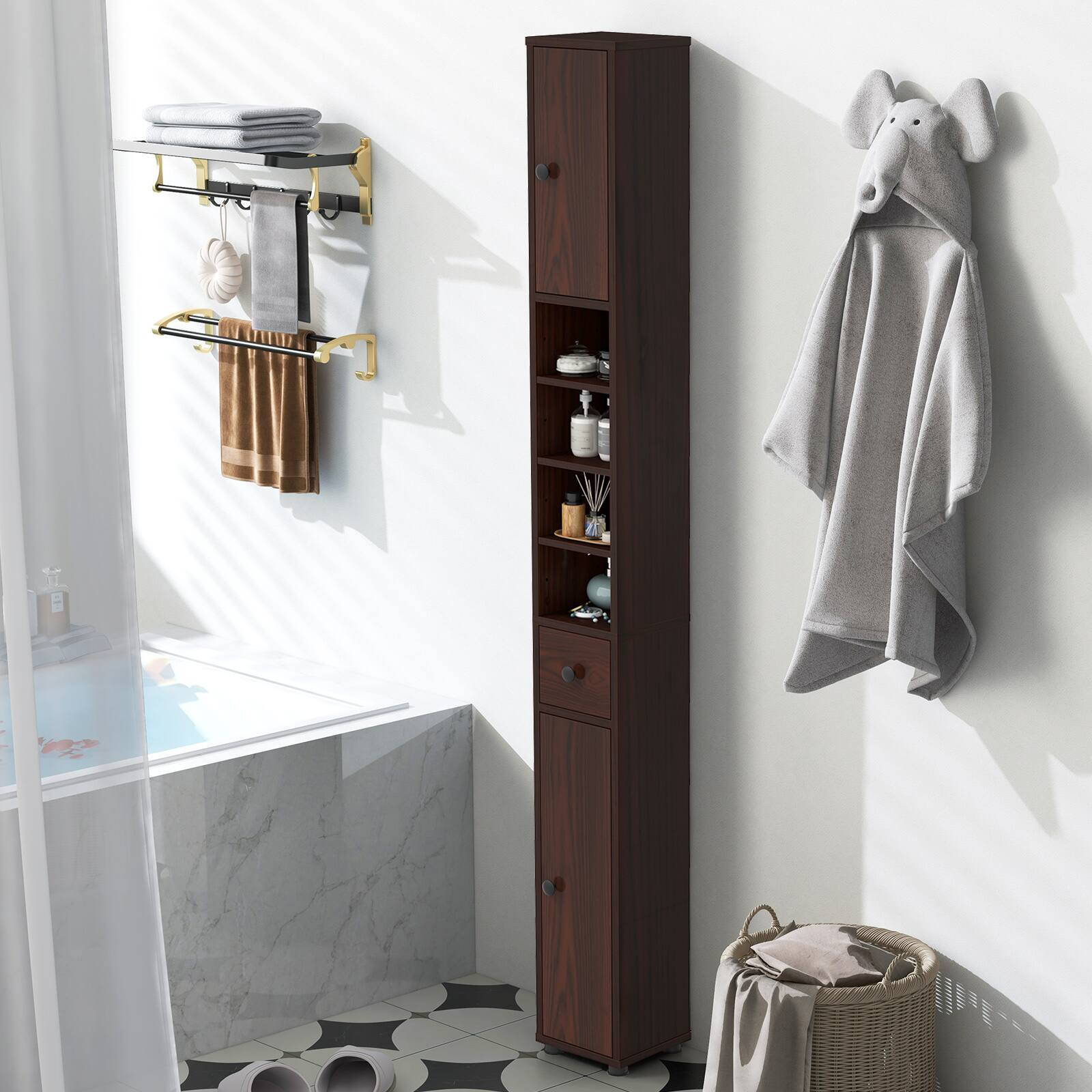 Alt View 4. Costway - Costway 71" Slim Bathroom Storage Cabinet with 2 Doors 5 Adjustable Shelves 1 Drawer - Brown.