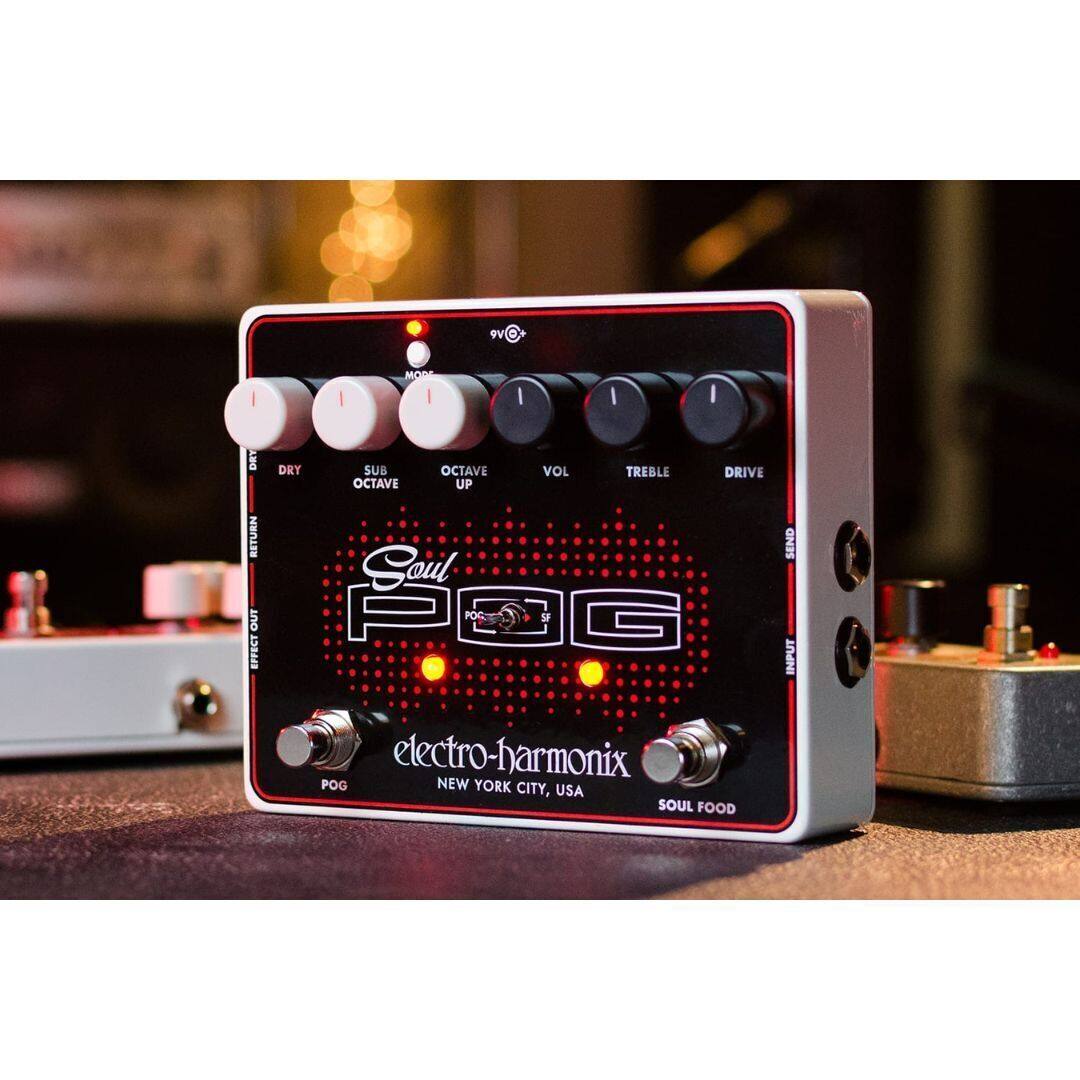 SOUL FOOD  
POG  
electro-harmonix  
NEW YORK CITY, USA  

DRIVE  
TREBLE  
VOL  
OCTAVE UP  
SUB OCTAVE  
DRY  
RETURN  
SEND  
COUT  
INPUT  
POG 5F