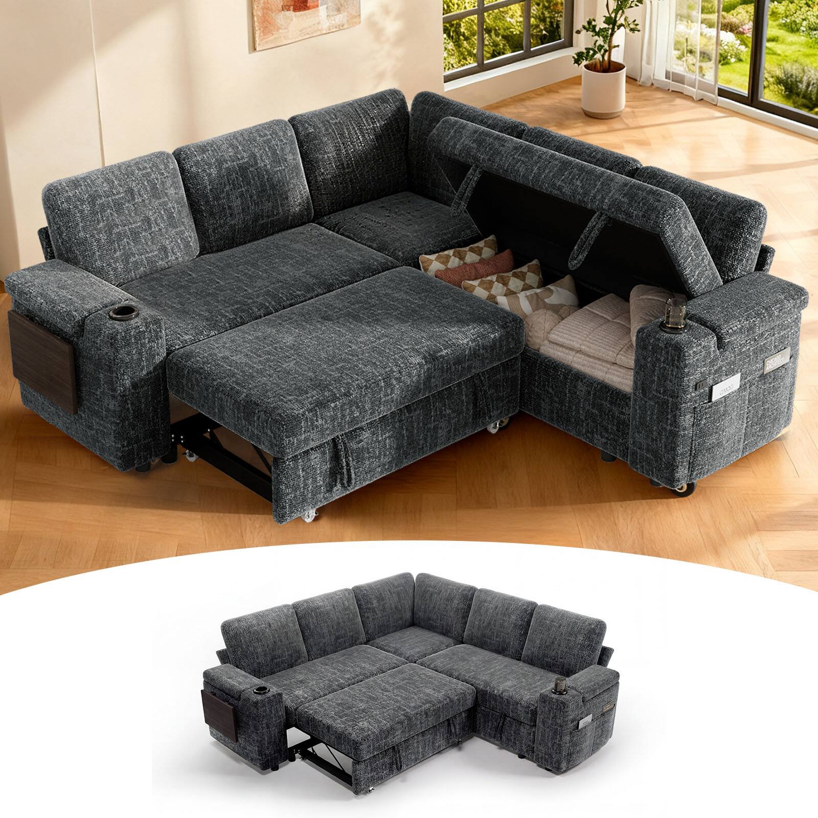 Dyonery - 85 "Modular sofa, with pull-out bed, 5-seat sofa, with storage, tool-free assembly - Gray