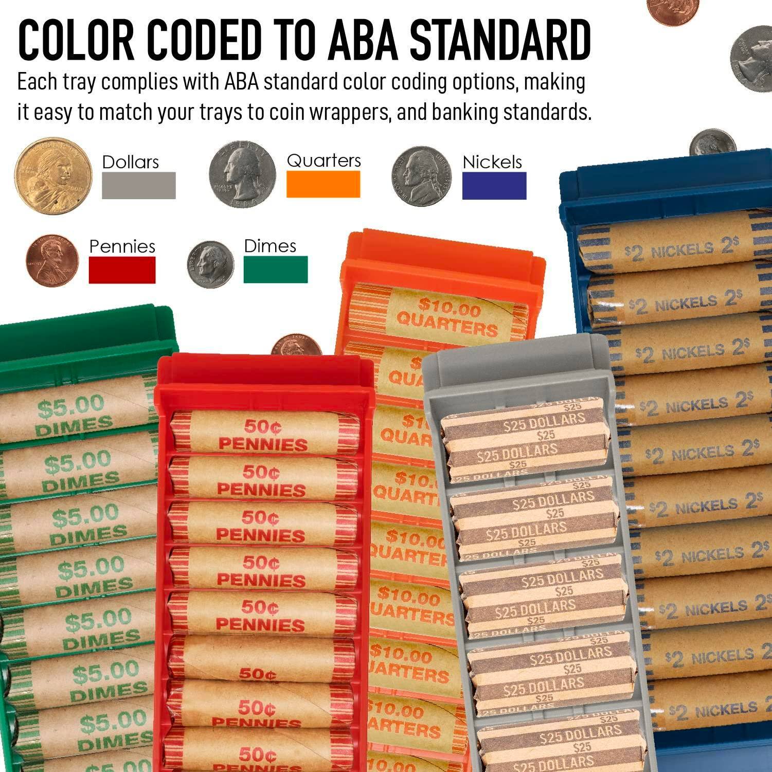 COLOR CODED TO ABA STANDARD

Each tray complies with ABA standard color coding options, making it easy to match your trays to coin wrappers, and banking standards.

- Dollars (Gray)
- Quarters (Orange)
- Nickels (Blue)
- Pennies (Red)
- Dimes (Green)

$2 NICKELS 2$

$5.00 DIMES

$5.00 DIMES

$5.00 DIMES

$5.00 DIMES

$5.00 DIMES

$5.00 DIMES

$5.00 DIMES

$5.00 DIMES

$5.00 DIMES

$5.00 DIMES

$5.00 DIMES

$5.00 DIMES

$5.00 DIMES

$5.00 DIMES

$5.00 DIMES

$5.00 DIMES

$5.00 DIMES

$5.00 DIMES

$5.00 DIMES

$5.00 DIMES

$5.00 DIMES

$5.00 DIMES

$5.00 DIMES

