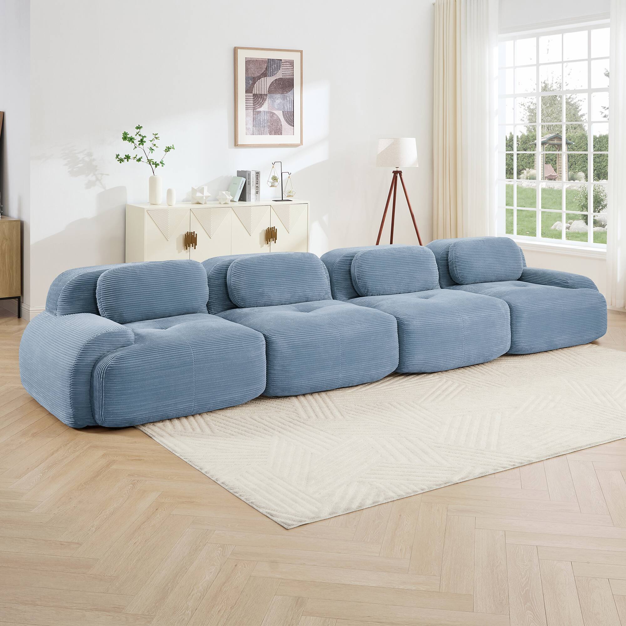 Left. LOVMOR - Modular No Assembly Compressed Pack 4 Seat Corduroy Couch Anti Slip Curved Armrests For Bedroom Study Soft Den - Blue.