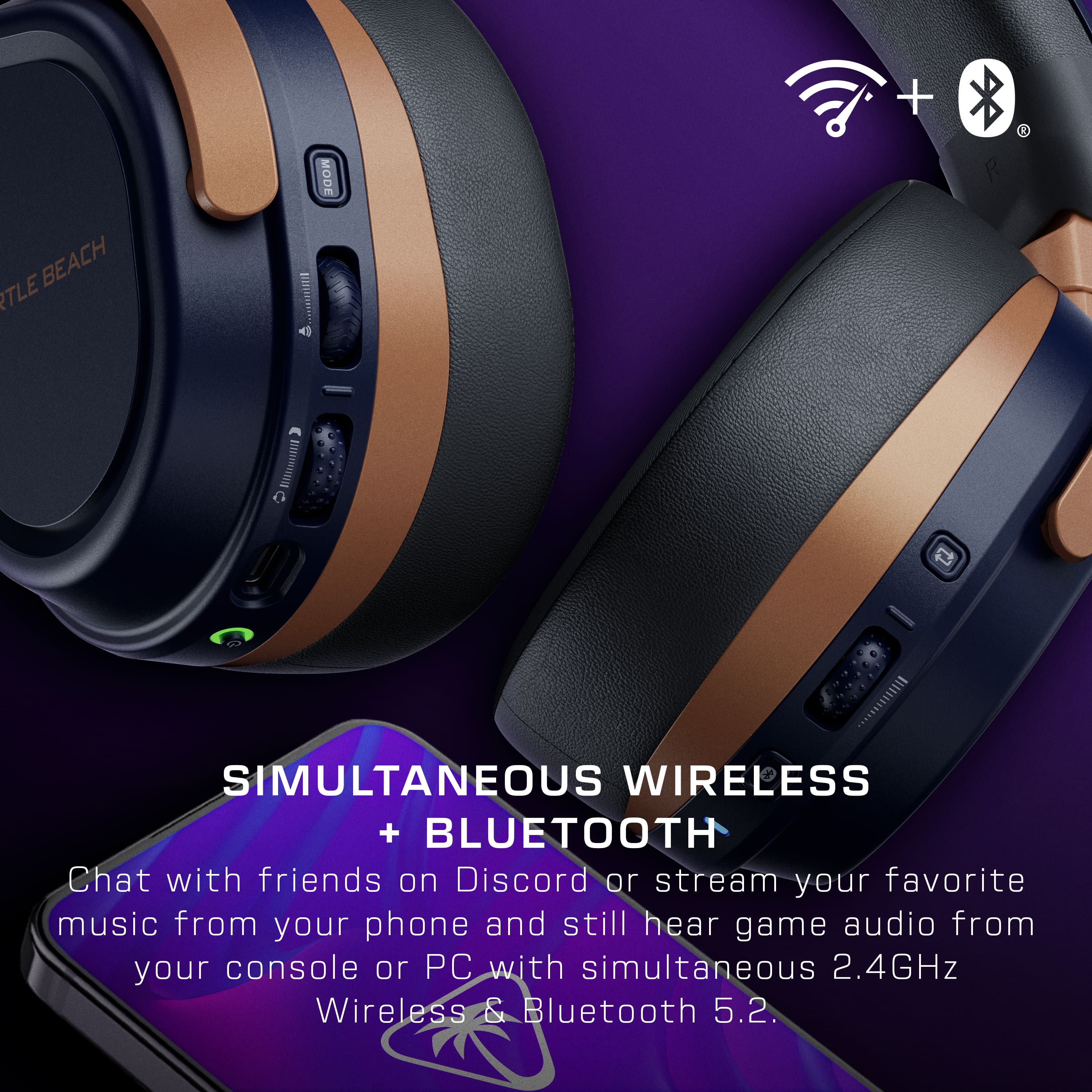 The text on the image reads: "Simultaneous Wireless + Bluetooth Chat with friends on Discord or stream your favorite music from your phone and still hear game audio from your console or PC with simultaneous 2.4GHz Wireless & Bluetooth 5.2."