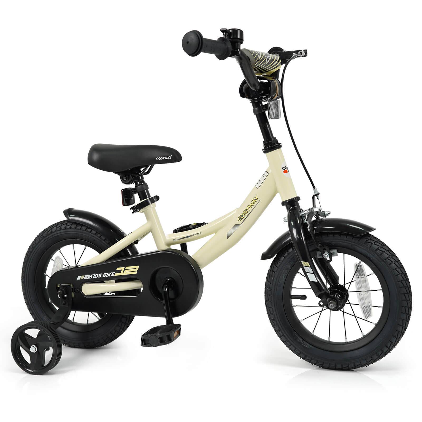 Costway - 12 Inch Kids Bike with Training Wheels Dual Brakes Adjustable Seat Handlebar Height - Beige