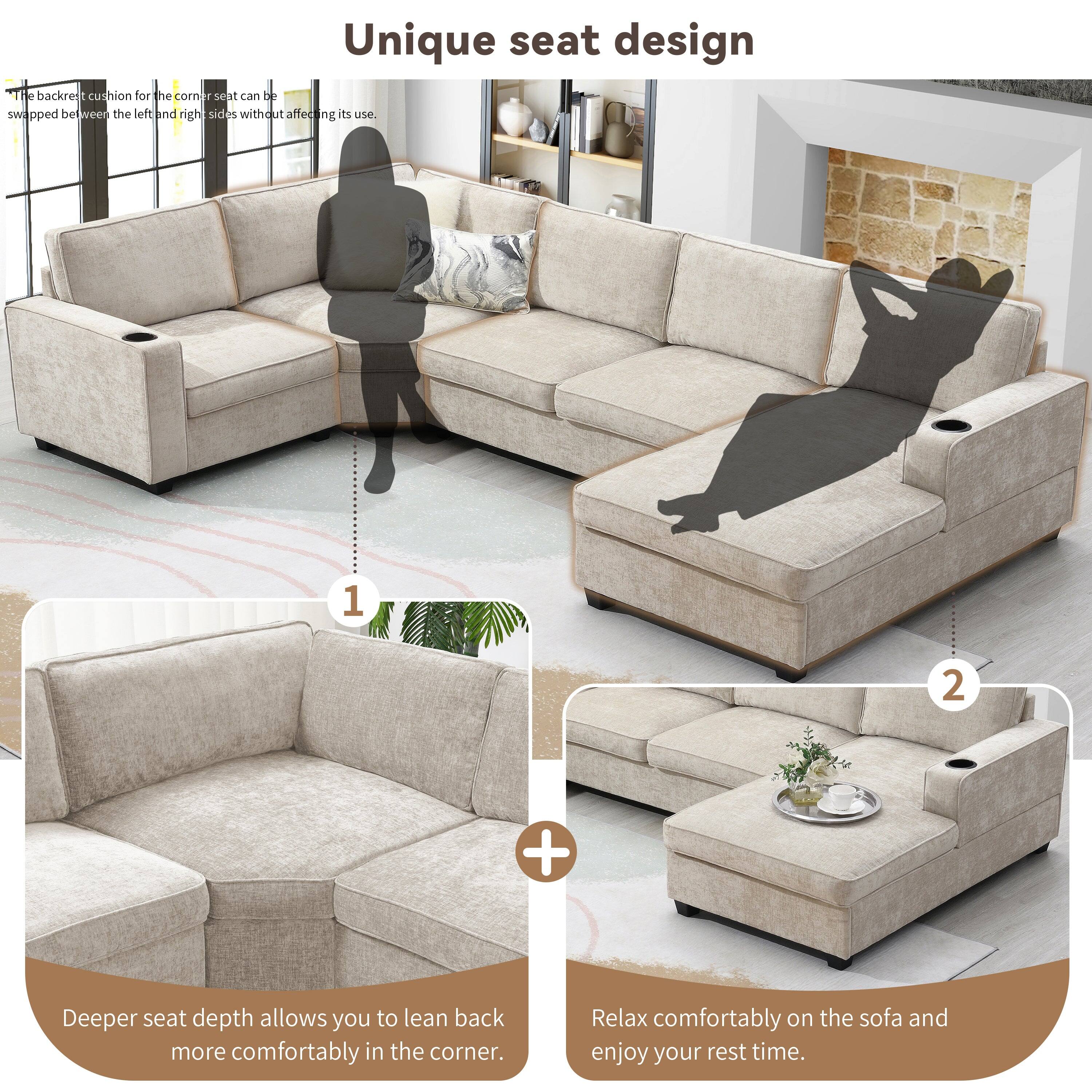 Unique seat design

1. The backrest cushion for the corner seat can be swapped between the left and right sides without affecting its use.

2. Deeper seat depth allows you to lean back more comfortably in the corner.

3. Relax comfortably on the sofa and enjoy your rest time.