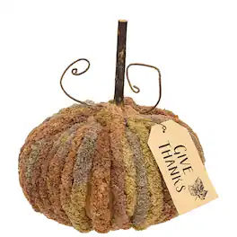 BreeBe - Harvest Chenille Give Thanks Pumpkin - 9" dia - Brown, Olive Green, Grey