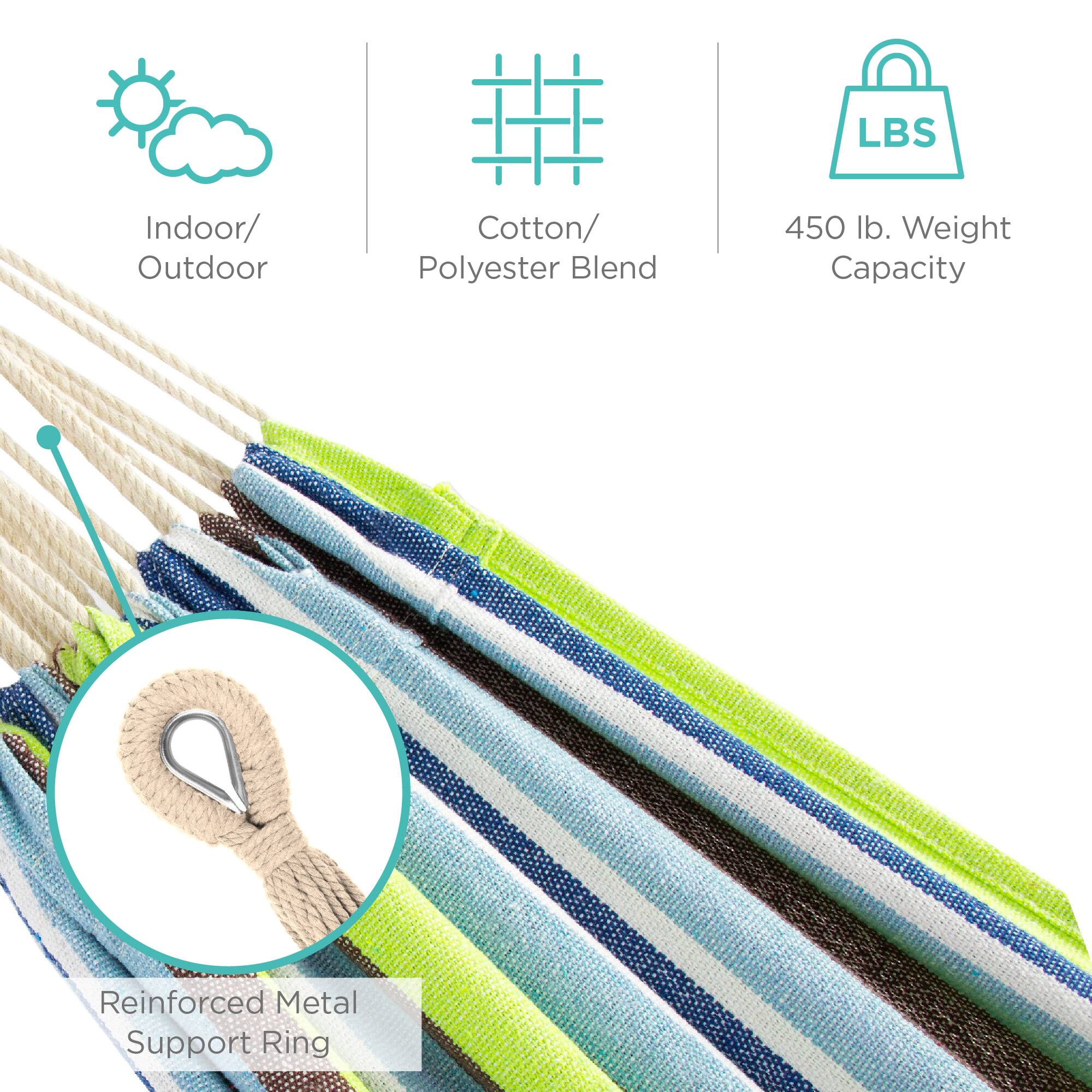 - Indoor/Outdoor
- Cotton/Polyester Blend
- 450 lb. Weight Capacity
- Reinforced Metal Support Ring