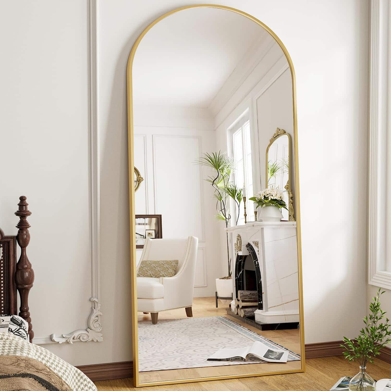 Hanke - Floor Full Length Mirror Arched Body Hanging Or Leaning Standing Wall Mounted With Aluminum Frame Bedroom - Gold 76"L x 34"W