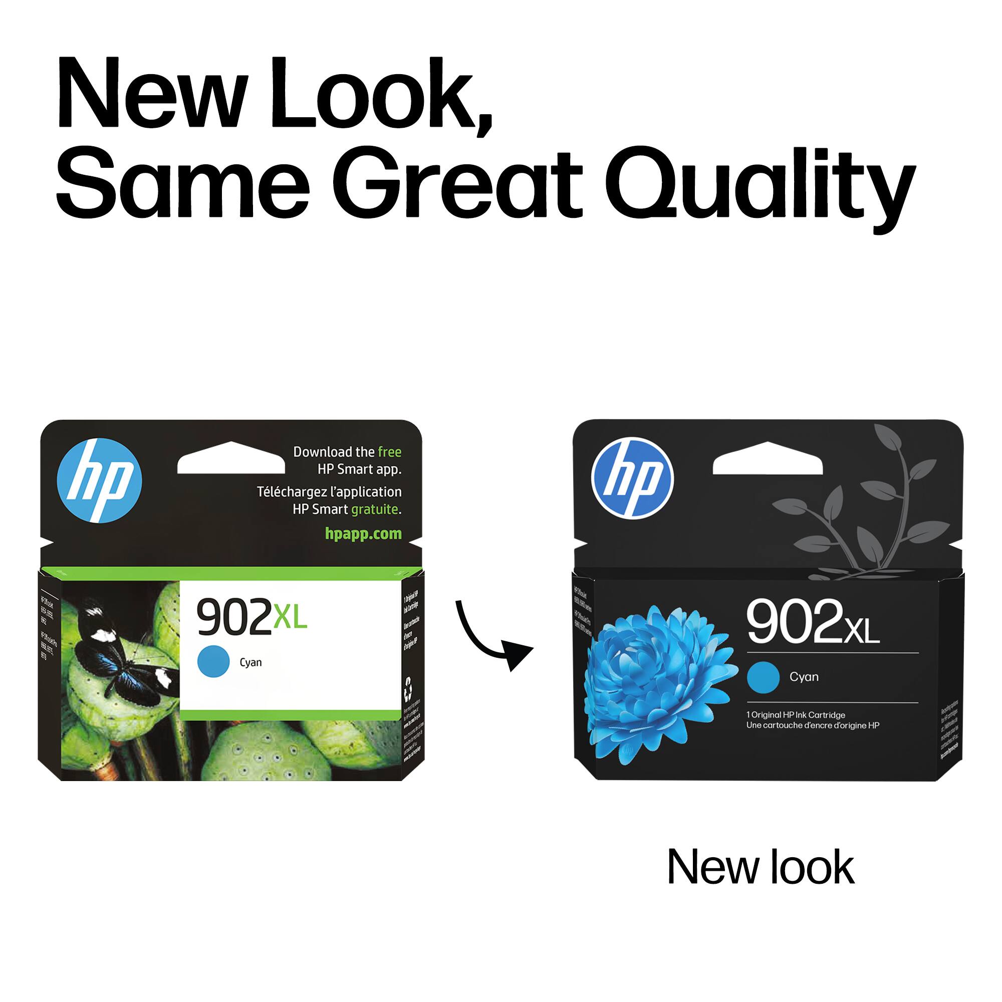 New Look, Same Great Quality

Download the free HP Smart app.  
Téléchargez l'application HP Smart gratuite.  
hpapp.com

902XL Cyan  
Original HP Ink Cartridge  
Une cartouche d'encre d'origine HP

New look