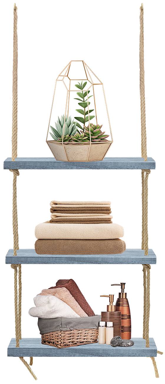 Sorbus Wood Hanging Shelf 3 Tier Rustic Wood Swing Storage Shelves Rope ...