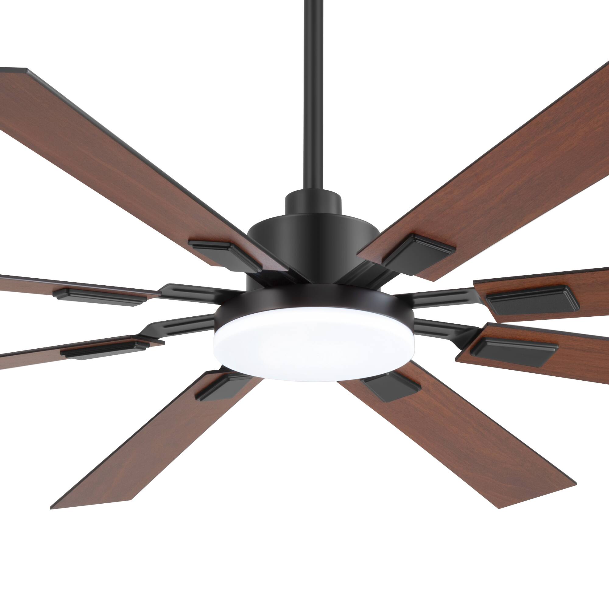 Left. Breezary - 72'' Ceiling Fan with 8 Plywood Blades, 3-Color Light, 6-Speed DC Motor, 6"/20" Downrods, Remote with Timer - Matte Black and Dark Wood Grain.