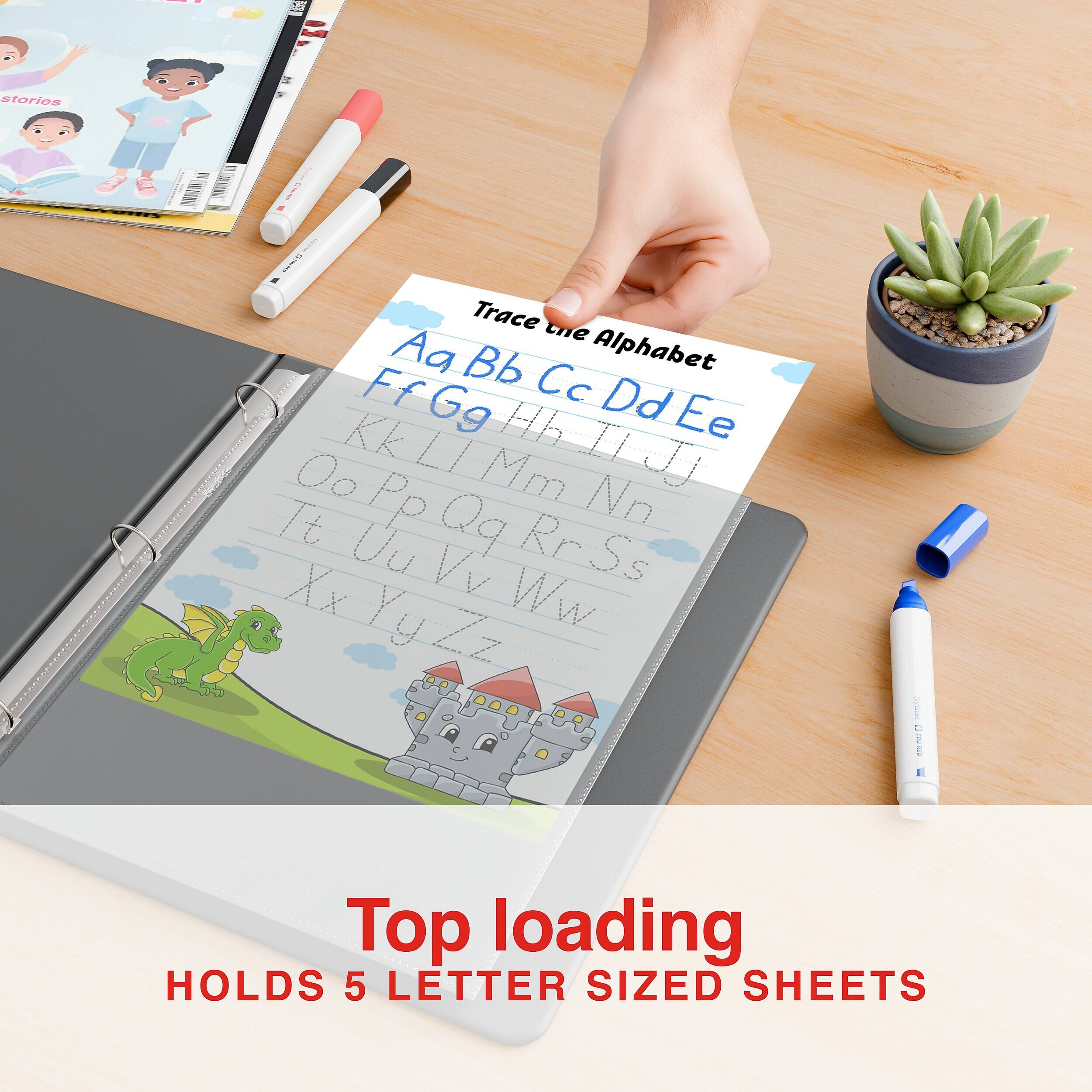 stories  
15-18-365  
Trace the Alphabet  
Aa Bb Cc Dd Ee  
Ff Gg Hh Ii Jj  
Kk Ll Mm Nn  
Oo Pp Qq Rr  
Ss Tt Uu Vv  
Ww Xx Yy Zz  
8 0 TWAT SALADA  
Top loading HOLDS 5 LETTER SIZED SHEETS
