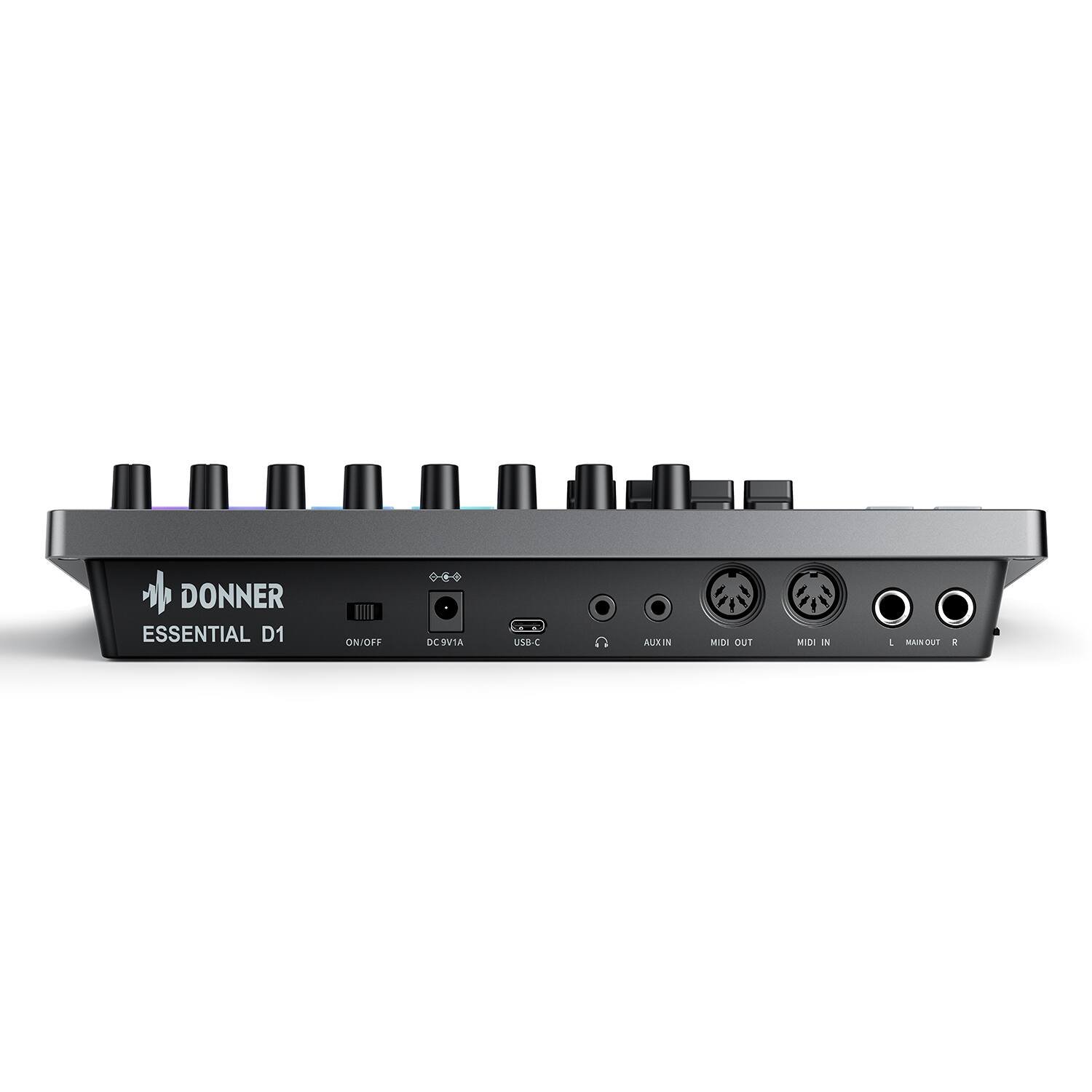DONNER ESSENTIAL D1 ON/OFF DC9V/IA USB-C AUXIN MIDI OUT MIDI IN L/MAINOUT R