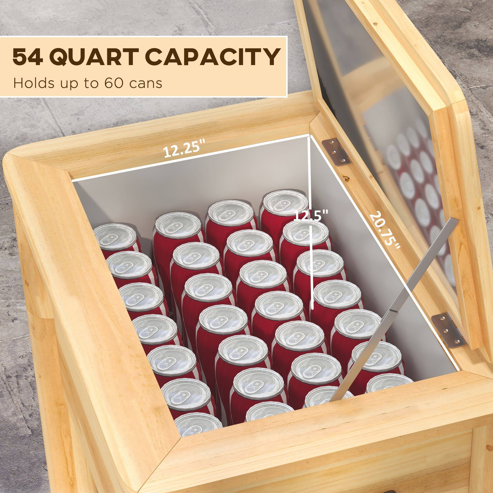 54 QUART CAPACITY, Holds up to 60 cans, 12.25", 12.5", 20.75"