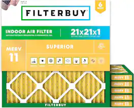 Filterbuy - 21x21x1 MERV 11 Pet & Allergy Defense, Electrostatic Pleated HVAC AC Furnace Air Filters Replacement (6-Pack) - Gold