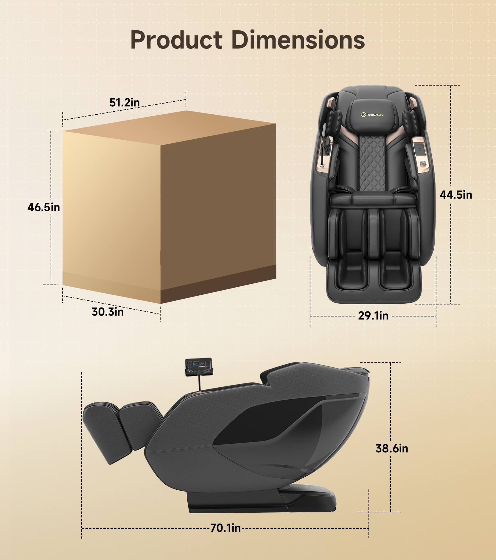 Product Dimensions

- Box: 51.2in x 46.5in x 30.3in
- Product: 70.1in x 38.6in x 44.5in
- Seat: 29.1in