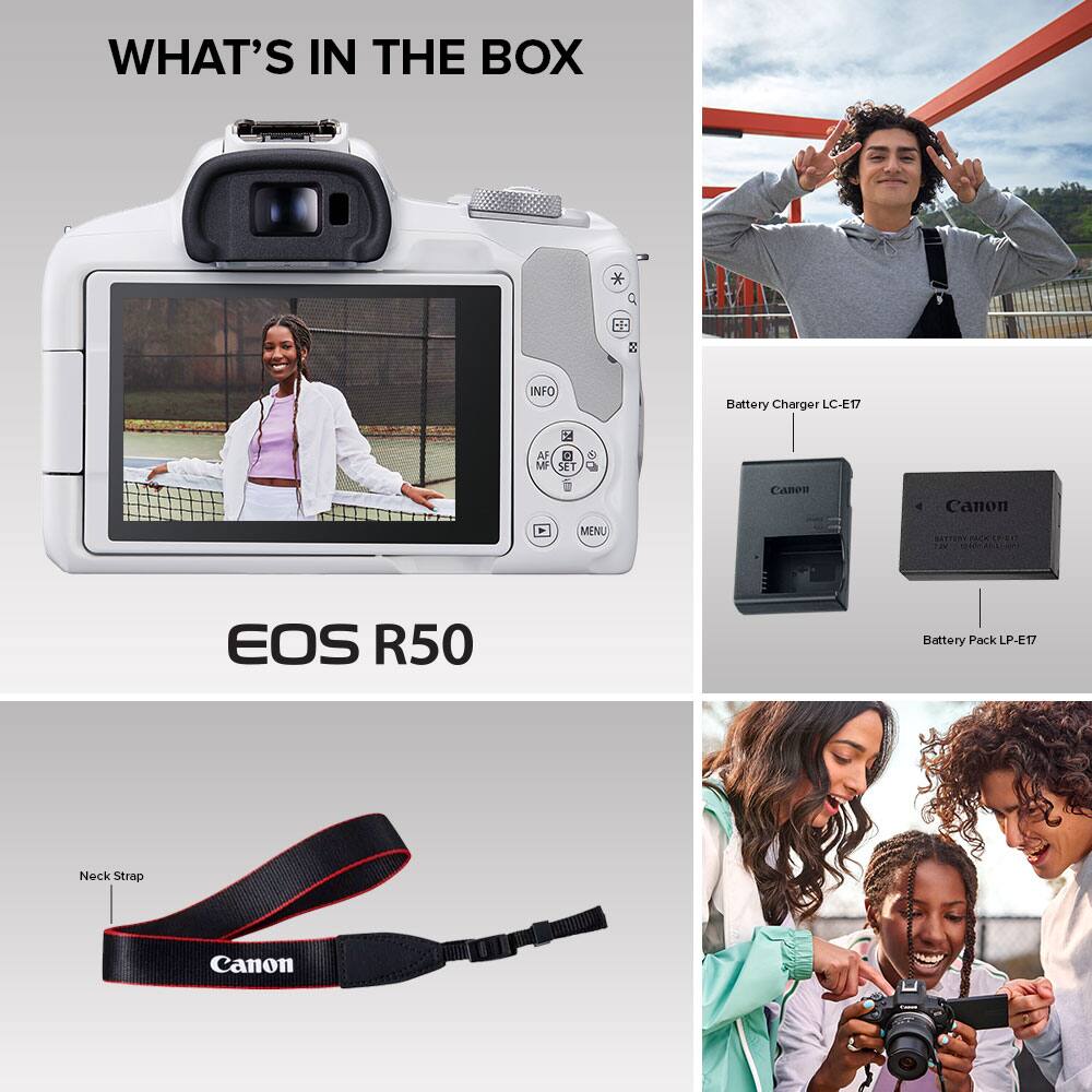 What's in the box: Canon EOS R50 camera, battery charger LC-E17, battery pack LP-E17, neck strap, and Canon menu.