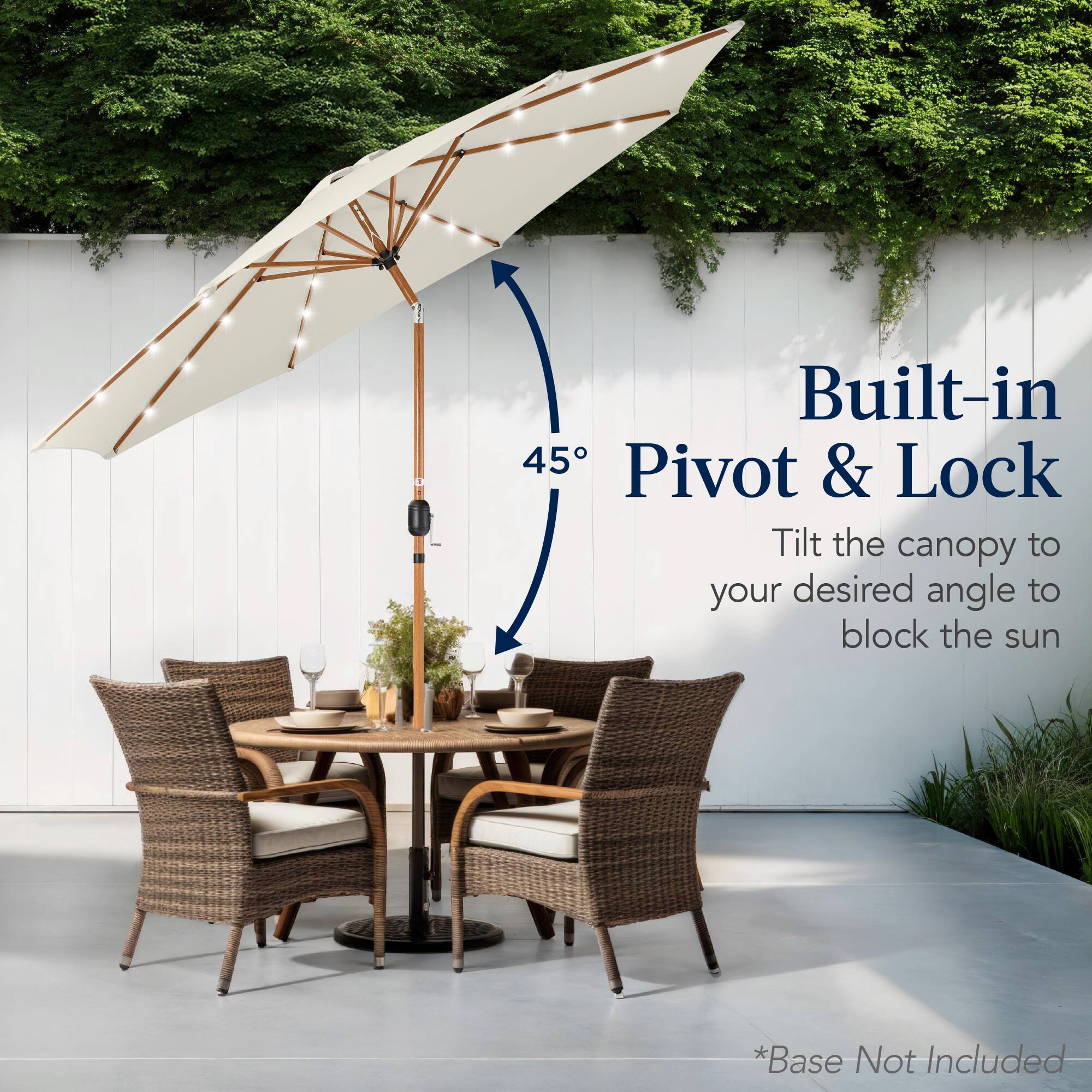 Built-in 45° Pivot & Lock: Tilt the canopy to your desired angle to block the sun. *Base Not Included