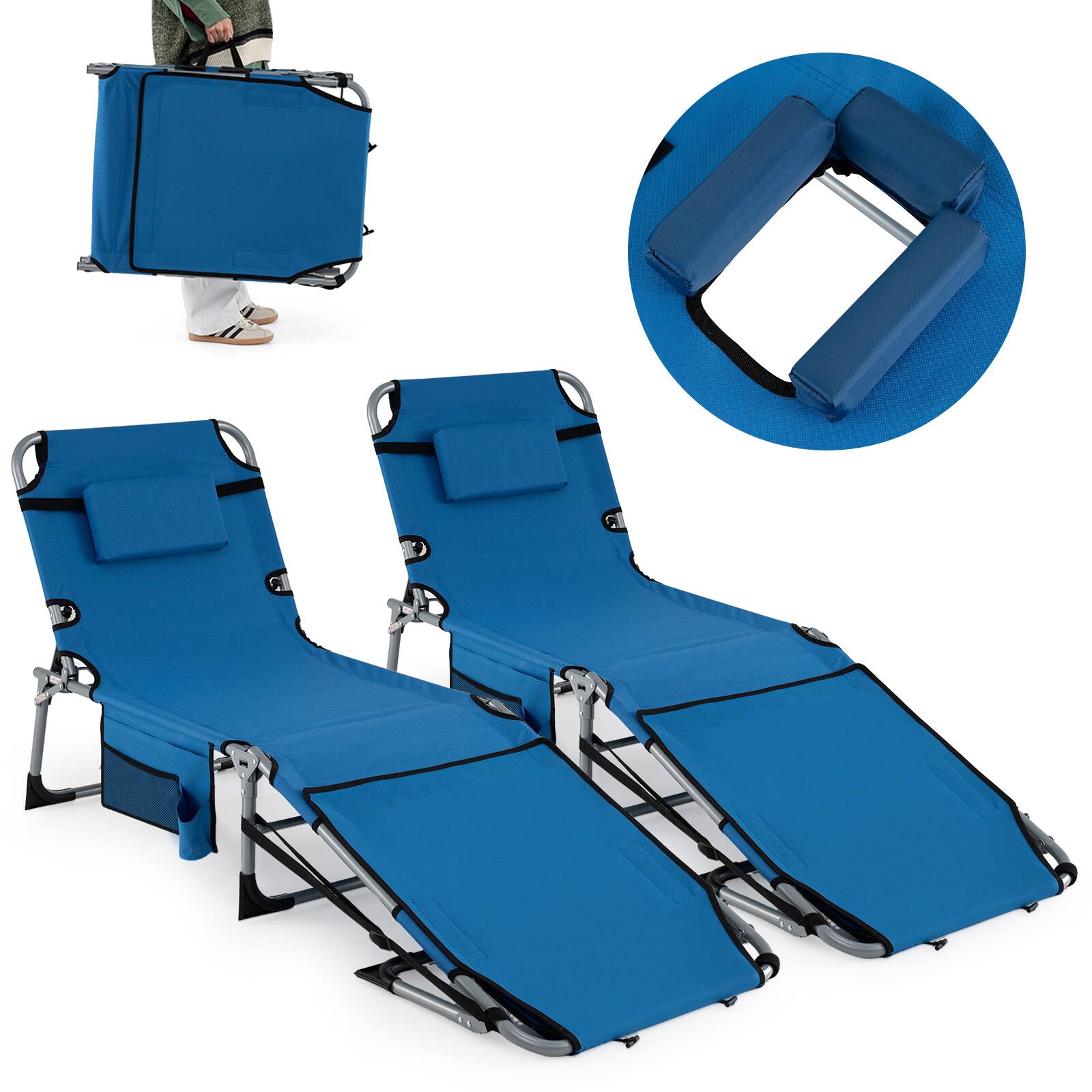 Alt View 8. Gymax - Gymax 2PCS Tanning Chair w/Face Arm Holes 4-Level Backrest & Head Pillow Side Pocket Blue - Blue.
