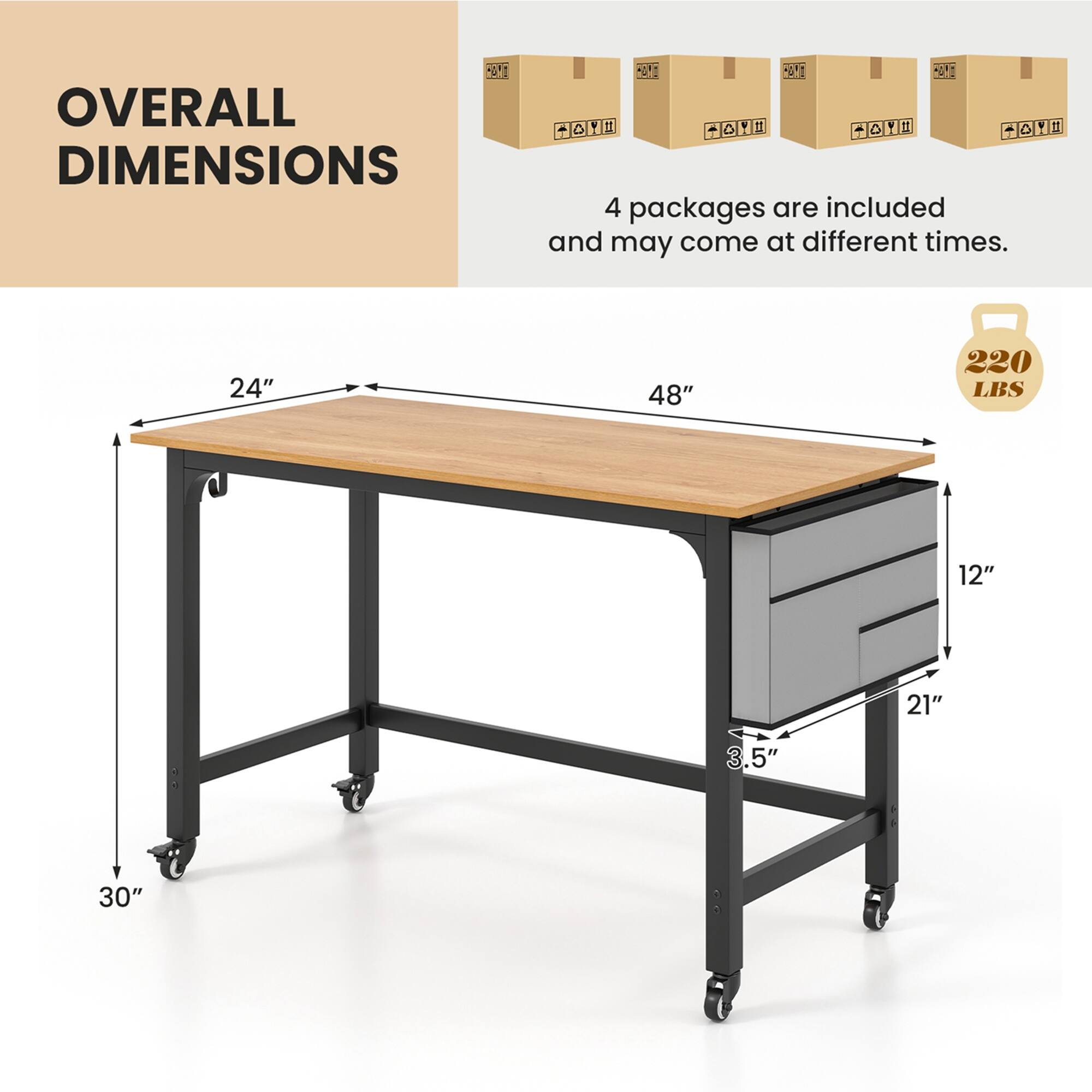 OVERALL DIMENSIONS

4 packages are included and may come at different times.

24" 48" 220 LBS 12" 21" 3.5" 30"