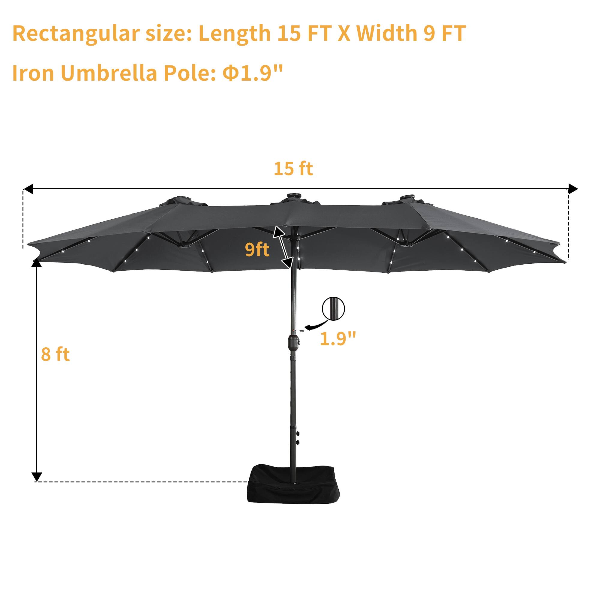 Rectangular size: Length 15 FT X Width 9 FT  
Iron Umbrella Pole: Ø1.9"  

15 ft  
9ft  
8 ft  
1.9"