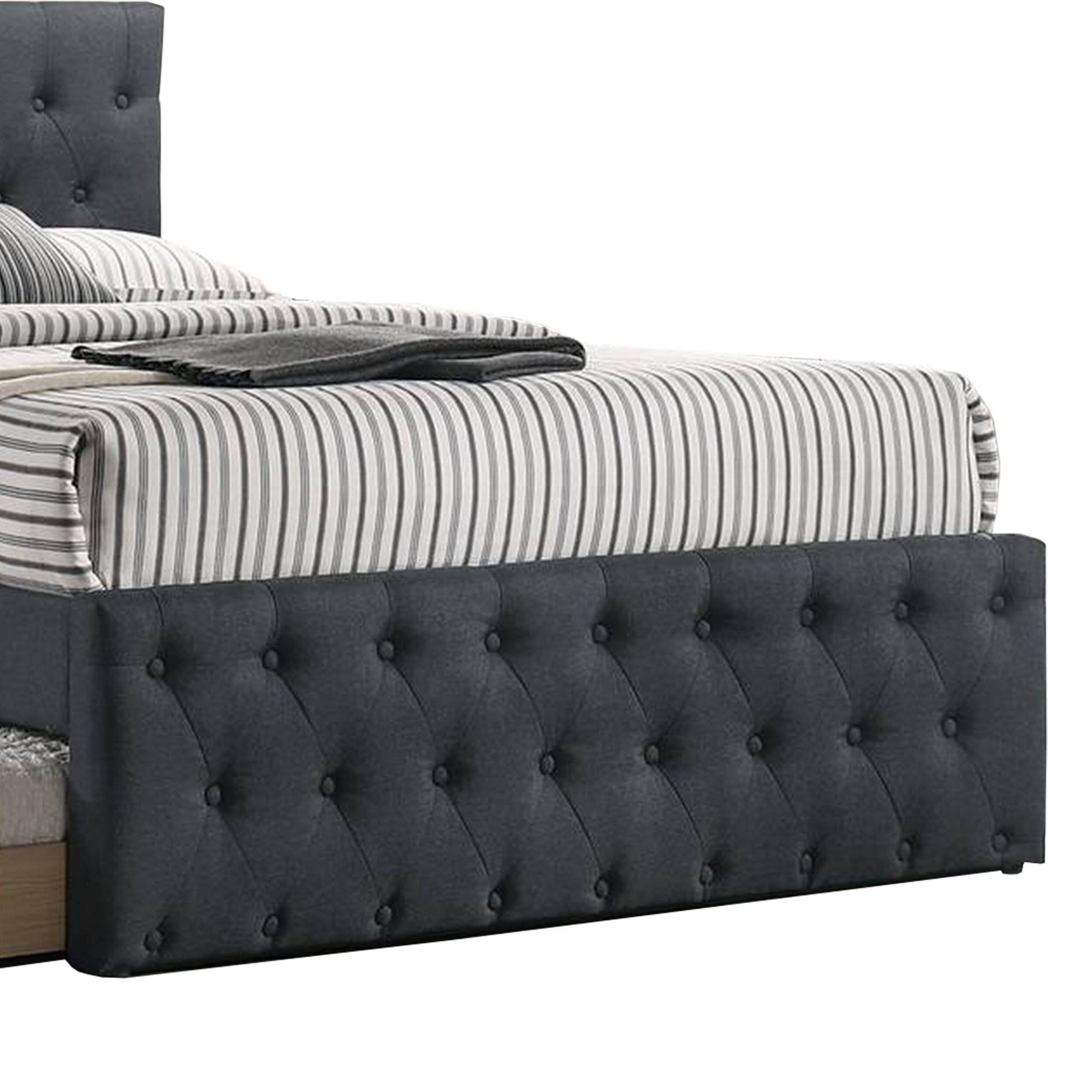 Alt View 2. Manhattan Lane - Nek Full Size Upholstered Bed with Twin Trundle, Tufted Charcoal Burlap - Charcoal Gray.