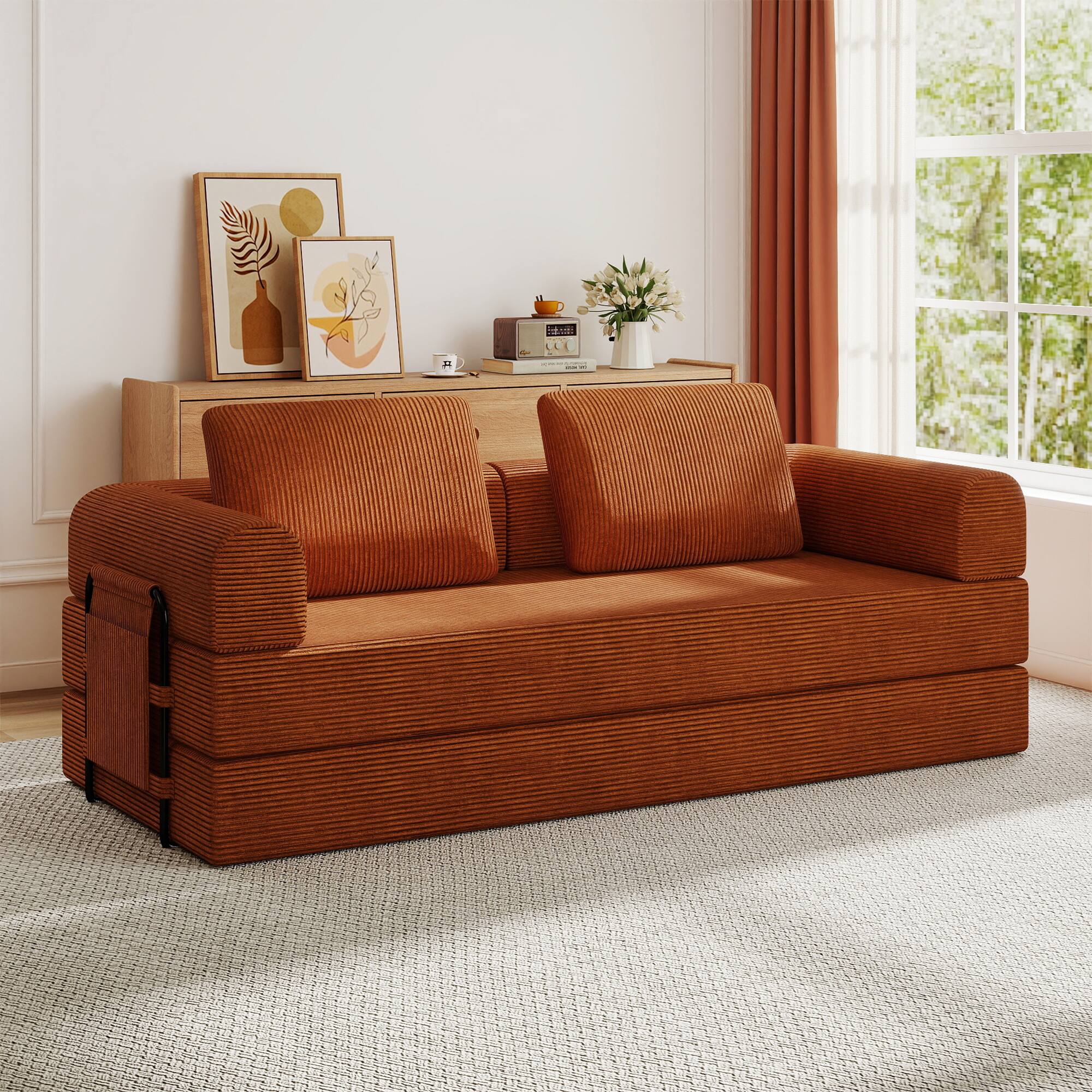 TinyHomie - Convertible Sleeper Sofa Bed with Cylindrical Pillow - Corduroy Folding Mattress Couch with Fixed-Shape Frame - Orange