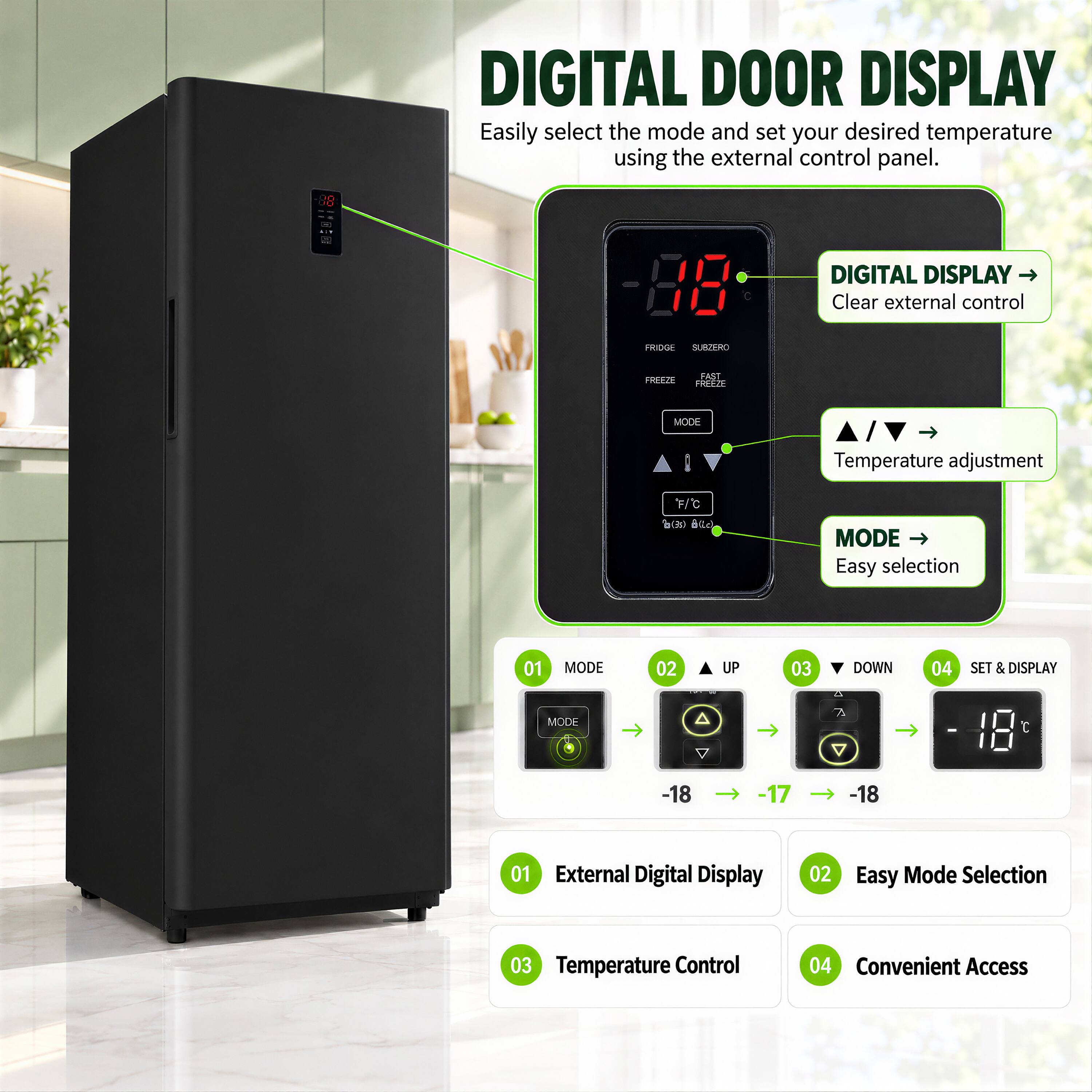 DIGITAL DOOR DISPLAY  
Easily select the mode and set your desired temperature using the external control panel.

DIGITAL DISPLAY  
Clear external control

FRIDGE SUBZERO  
FREEZE  
FAST FREEZE  
MODE  
Temperature adjustment  
'F/C () B(Lc)  
MODE Easy selection  
01  
MODE  
02  
UP  
03  
DOWN  
04  
SET & DISPLAY  
a  
MODE  
A  
-18  
17  
-18  
01 External Digital Display  
02  
Easy Mode Selection  
03 Temperature Control  
04 Convenient Access