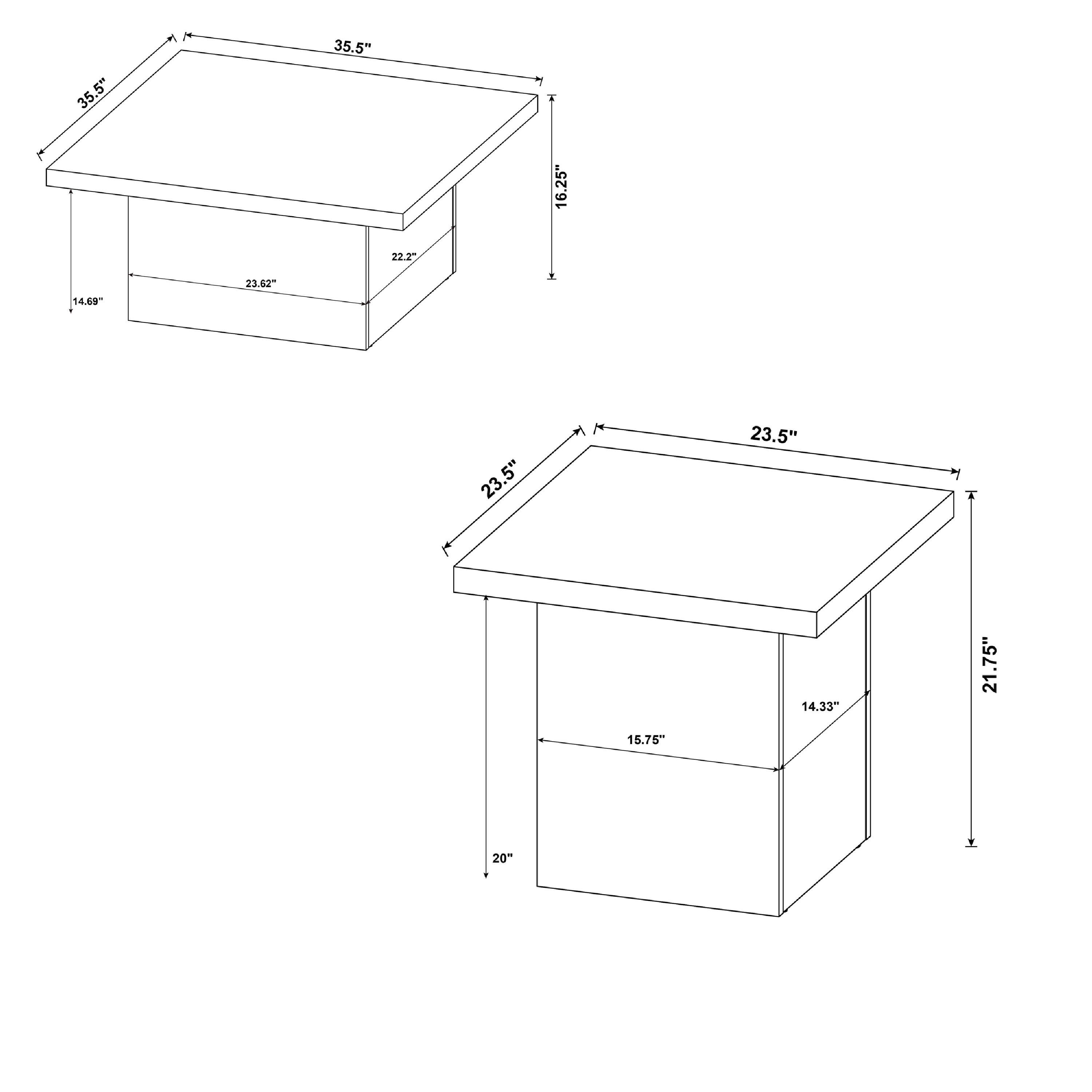 35.5" x 35.5"  
16.25"  
22.2"  
14.69"  
23.62"  
23.5" x 1  
23.5"  
14.33"  
21.75"  
15.75"  
20"