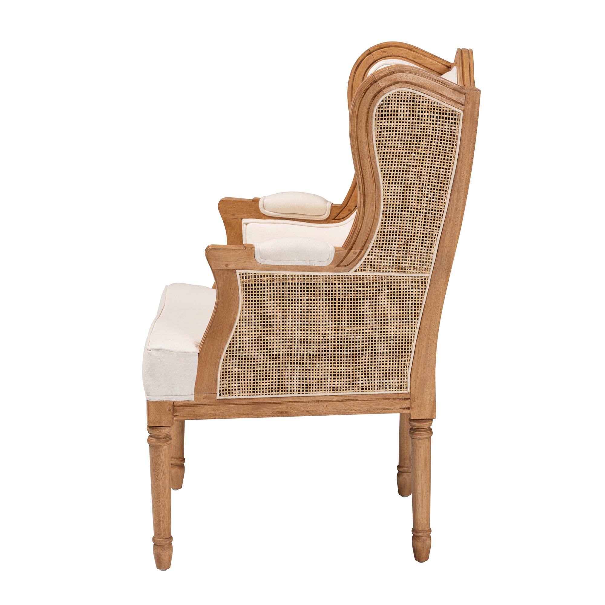 Left. bali & pari - Rachana Traditional French Fabric and Honey Oak Finished Wood Accent Chair - Beige/Honey Oak.