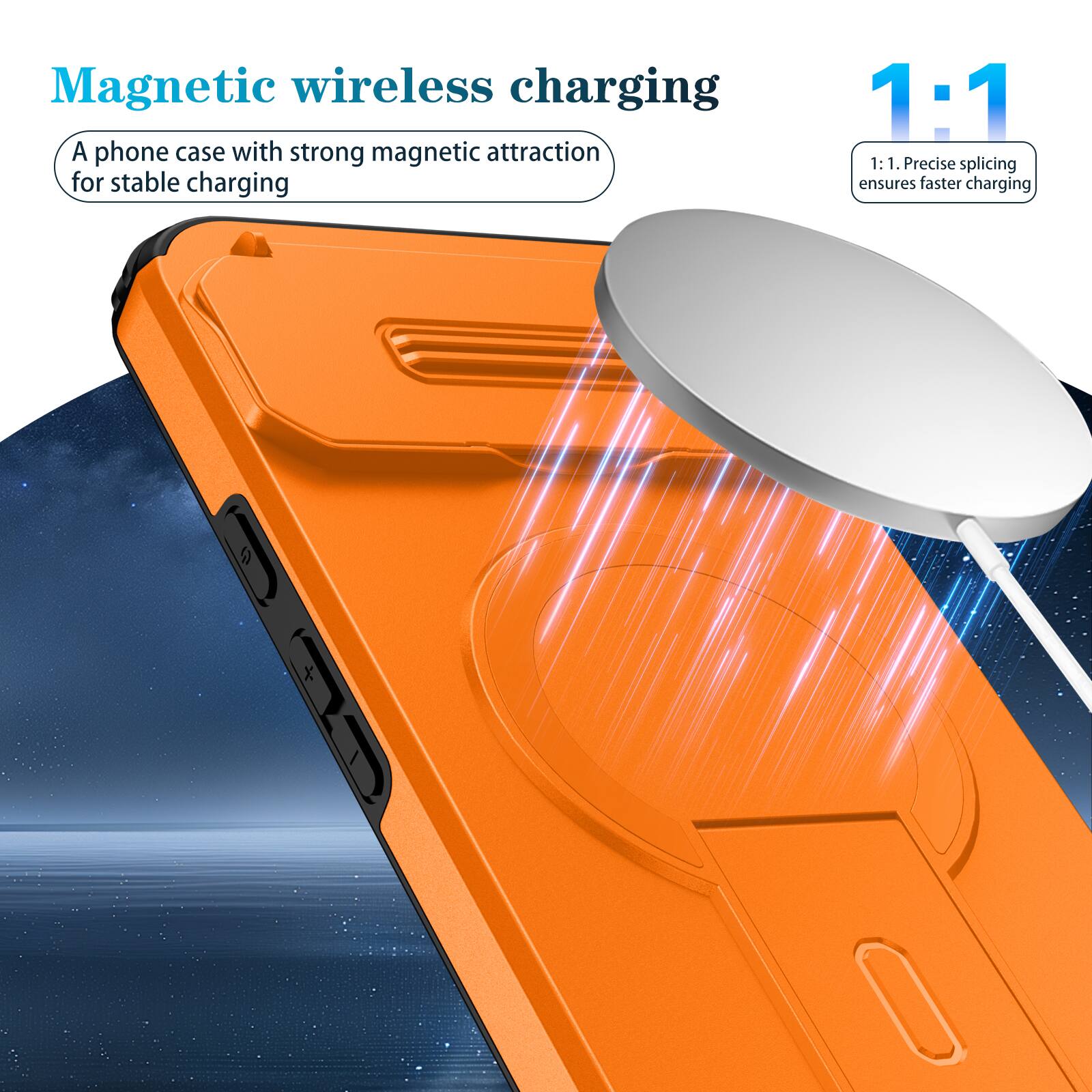 Magnetic wireless charging

A phone case with strong magnetic attraction for stable charging

1:1

1:1. Precise splicing ensures faster charging