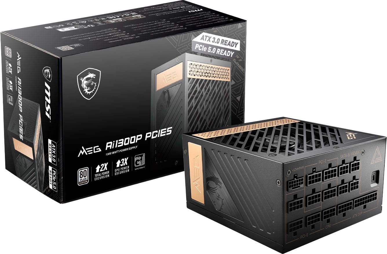 The image shows a box containing an AiO3OOP PCIe 1300 Watt power supply, which is designed for use with ATX 3.0 and PCIe 5.0. The box is black and features a dragon on the front. The power supply is compatible with both CPU and GPU, and it has a total power output of 80 watts. The box also includes a 2x2x1300 watt power supply, making it a powerful and reliable choice for gaming and other demanding applications.