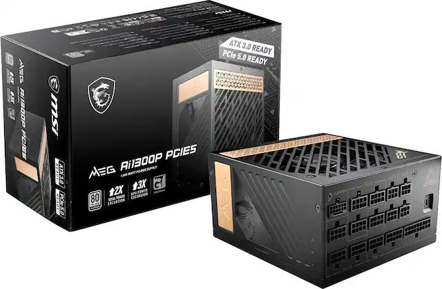 The image shows a box containing an AiO3OOP PCIe 1300 Watt power supply, which is designed for use with ATX 3.0 and PCIe 5.0. The box is black and features a dragon on the front. The power supply is compatible with both CPU and GPU, and it has a total power output of 80 watts. The box also includes a 2x2x1300 watt power supply, making it a powerful and reliable choice for gaming and other demanding applications.