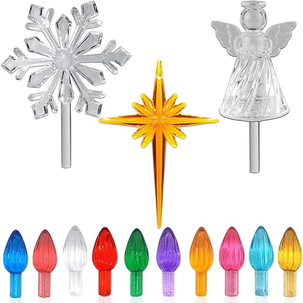 Schertz - 110-Count Multi-Color Ceramic Christmas Tree Bulb Set – Includes Plastic Peg Lights, Angel Topper, Snowflake Top & Cross - multicolored