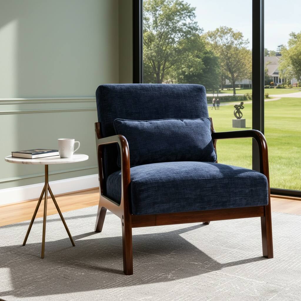 Alt View 4. Forest'nSky - Brown  Wood Mid Century Modern Office Chair with Solid Wood Frame & Lumbar Pillow with Antique Blue Cushion - Antique Blue.