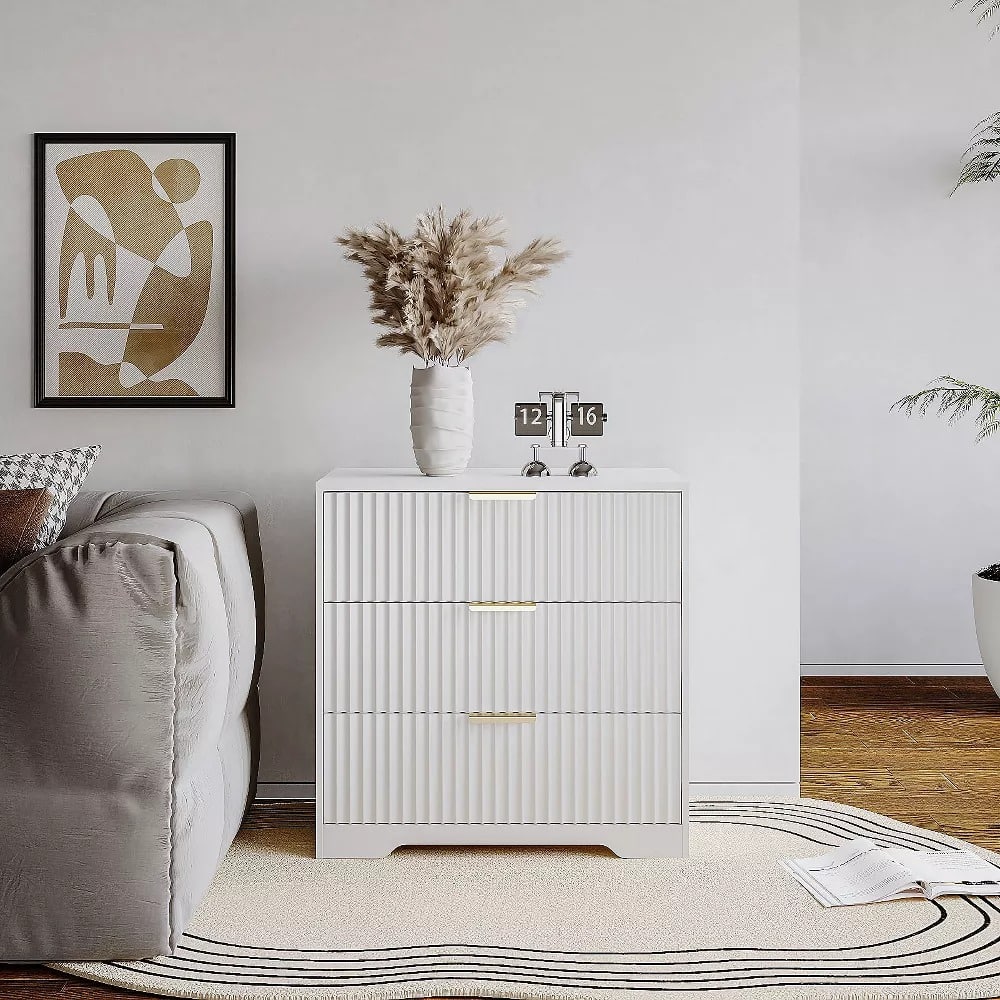 Furnulem - 27 In Modern Nightstand With 3 Storage Drawers - White