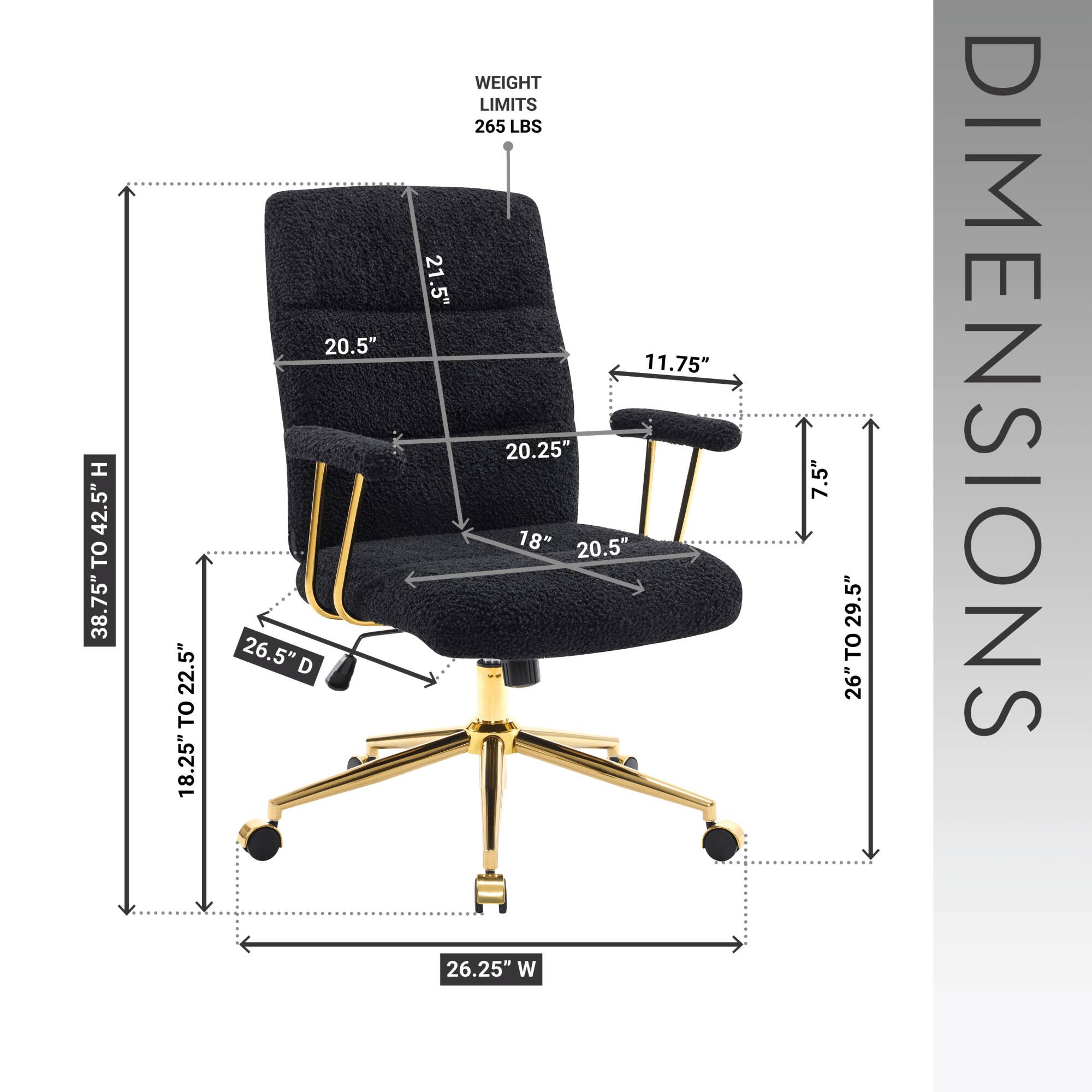 Sure, here is the corrected and grouped text from the image:

**Dimensions:**
- Height (H): 42.5"
- Seat Height: 18.25" to 22.5"
- Back Height: 38.75"
- Seat Depth: 20.5"
- Armrest Height: 21.5"
- Armrest Width: 11.75"
- Width (W): 26.25"
- Depth (D): 26.5"
- Weight Limit: 265 LBS

**Additional Measurements:**
- Seat Width: 20.25"
- Seat Depth: 20.5"
- Armrest Width: 11.75"
- Armrest Height: 21.5"
- Back Height: 38.75"
- Back Width: 20.5"
- Base Width: 26.25"
- Base Depth: 26.5"