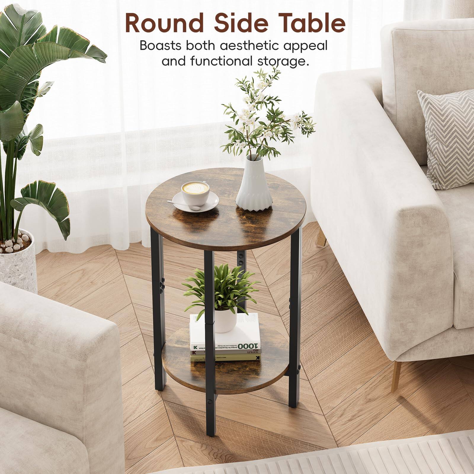 Round Side Table  
Boasts both aesthetic appeal and functional storage.