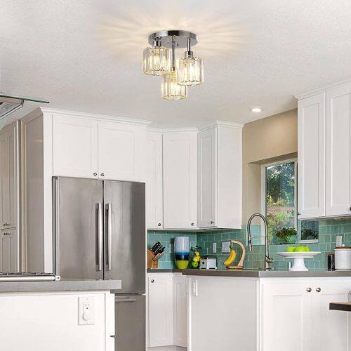 Alt View 5. LUCKY ONE - 10.6in Semi Flush Mount Crystal Ceiling Light, 3-Light Fixture for Kitchen Hallway Bedroom Bathroom - Silver.