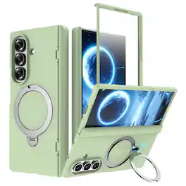 Dteck - Shockproof Magnetic Case for Samsung Galaxy Z Fold7 with Ring Kickstand, Rigid PC Protective Cover Built-in Screen Film - Lightgreen
