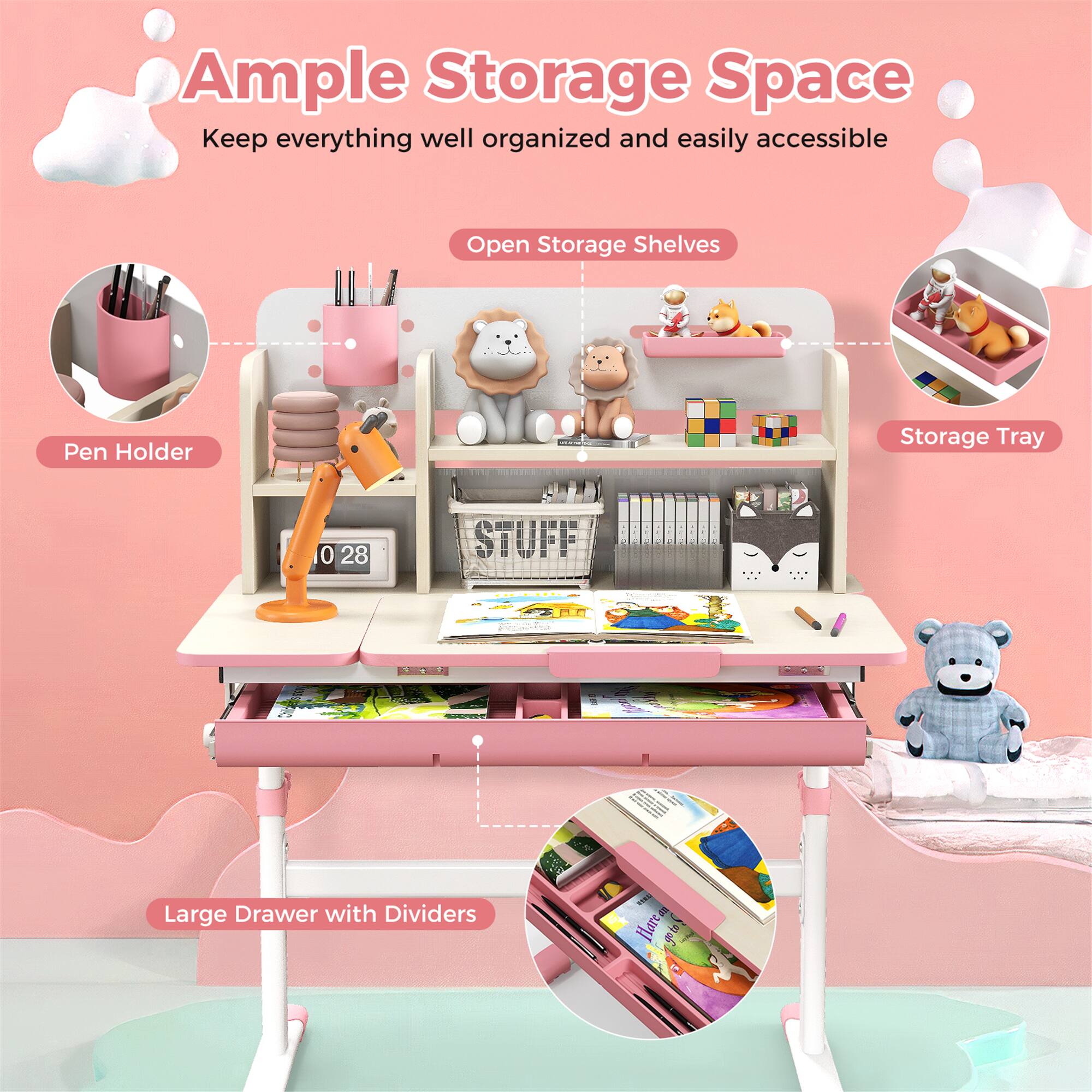 Ample Storage Space, Keep everything well organized and easily accessible, Open Storage Shelves, Pen Holder, Storage Tray, Large Drawer with Dividers
