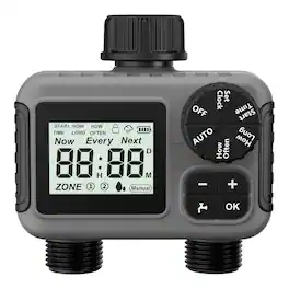 MOVSSOU - 2 Zone Digital Water Timer Sprinkler Timer Outdoor for Lawn Garden Rain Delay Manual Automatic Watering - Gray