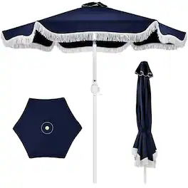 Best Choice Products - 9ft Fringe Market Umbrella Boho Patio Sunshade w/ Tilt, UPF50+ - Navy Blue
