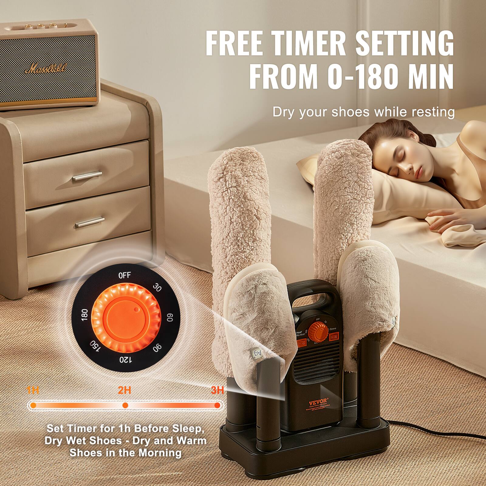 FREE TIMER SETTING FROM 0-180 MIN  
Dry your shoes while resting  

Set Timer for 1h Before Sleep, Dry Wet Shoes - Dry and Warm Shoes in the Morning  

OFF 30 180 60 150 120 06  
1H 2H 3H  

VEYOR