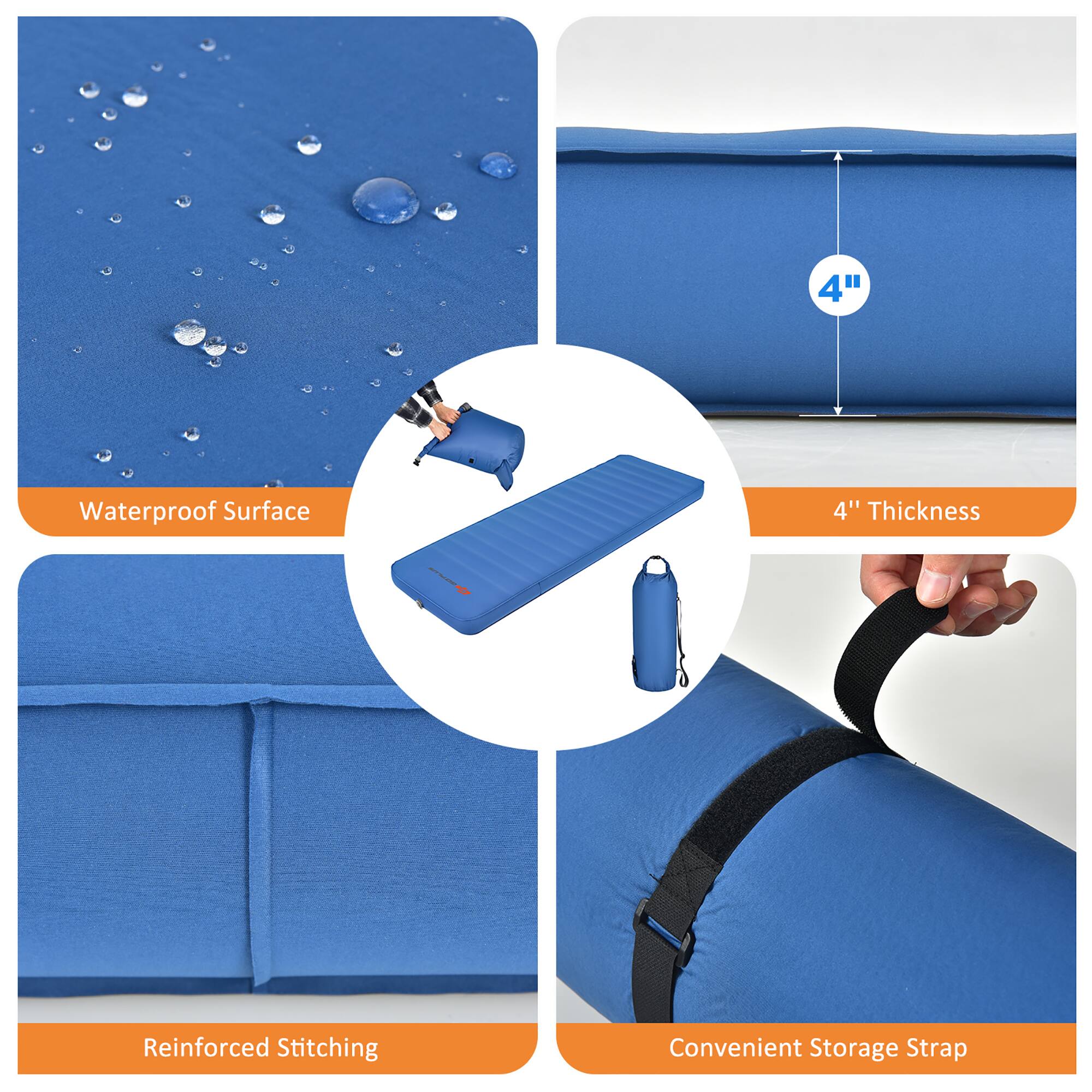 - Waterproof Surface
- 4" Thickness
- Reinforced Stitching
- Convenient Storage Strap