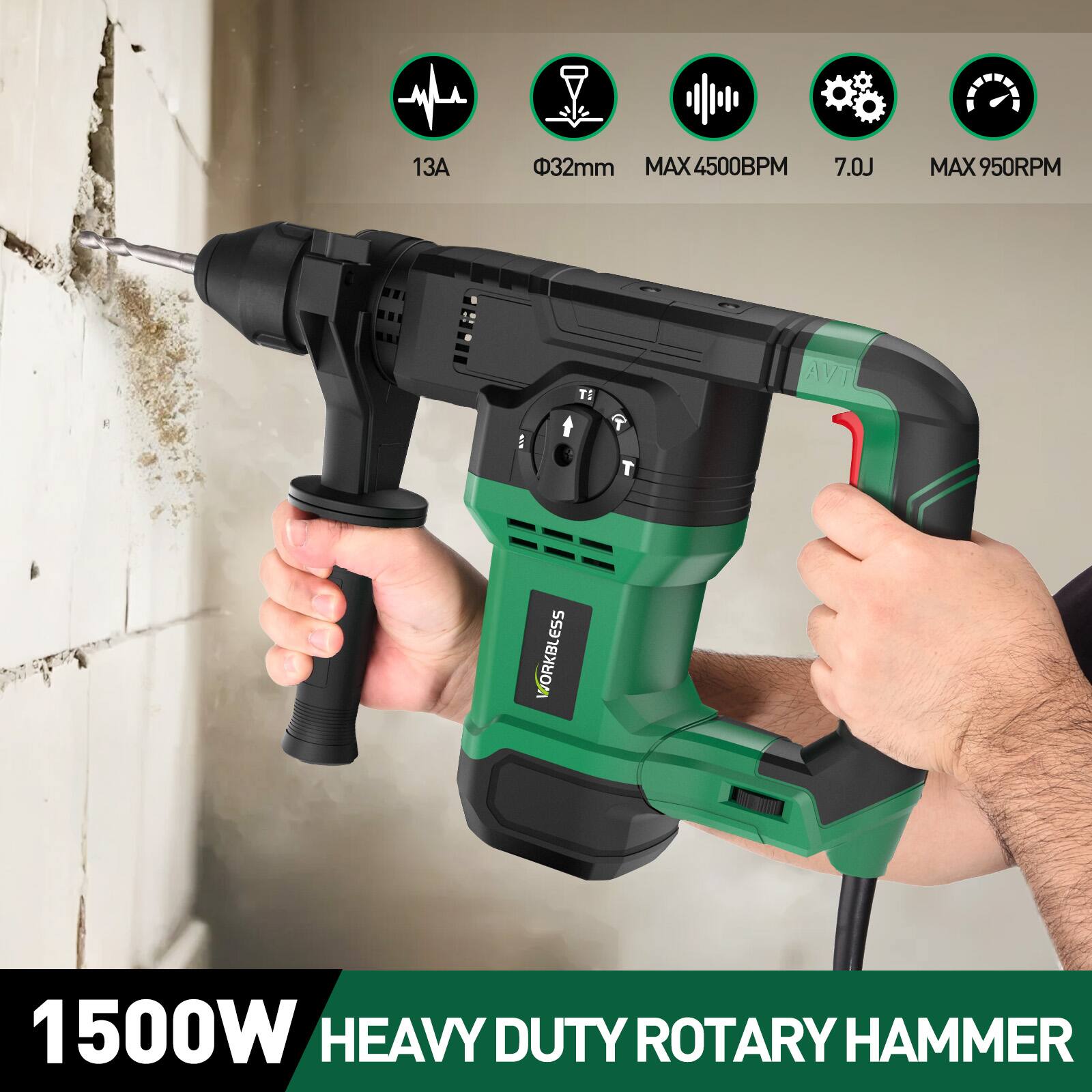 13A 32mm MAX 4500BPM 7.0J MAX 950RPM TI AVT WORKLESS 1500W HEAVY DUTY ROTARY HAMMER