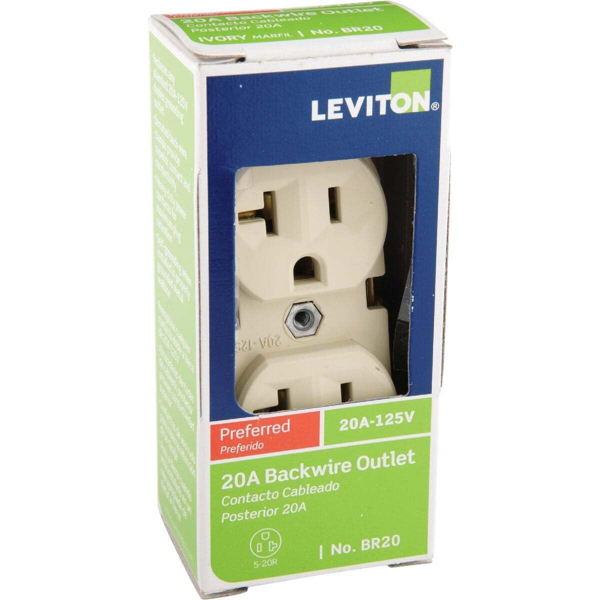 - Outlet 20 Backwire Cableado Contacto Posterior No. BR20 MARFIL I IVORY LEVITON 204-125 125 Preferred 20A-125V Preferido Backwire Outlet 20A Cableado Contacto Posterior 20A O D No. BR20 I 5-20R