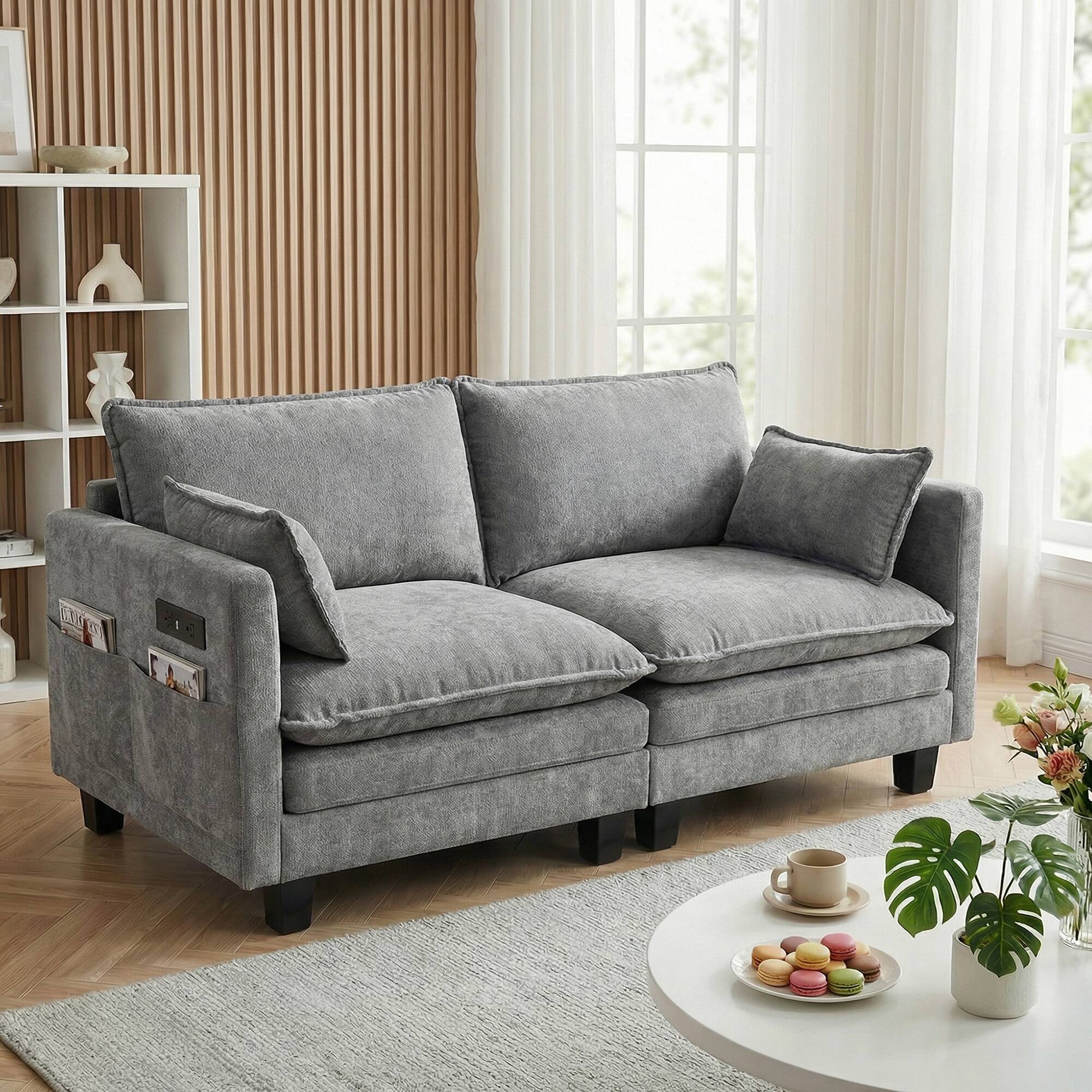 Angle. Anysun - Modern Chenille Loveseat Sofa – 2-Seat Compact Couch with Dual USB Charging Ports and Side Pockets - Dark Grey.