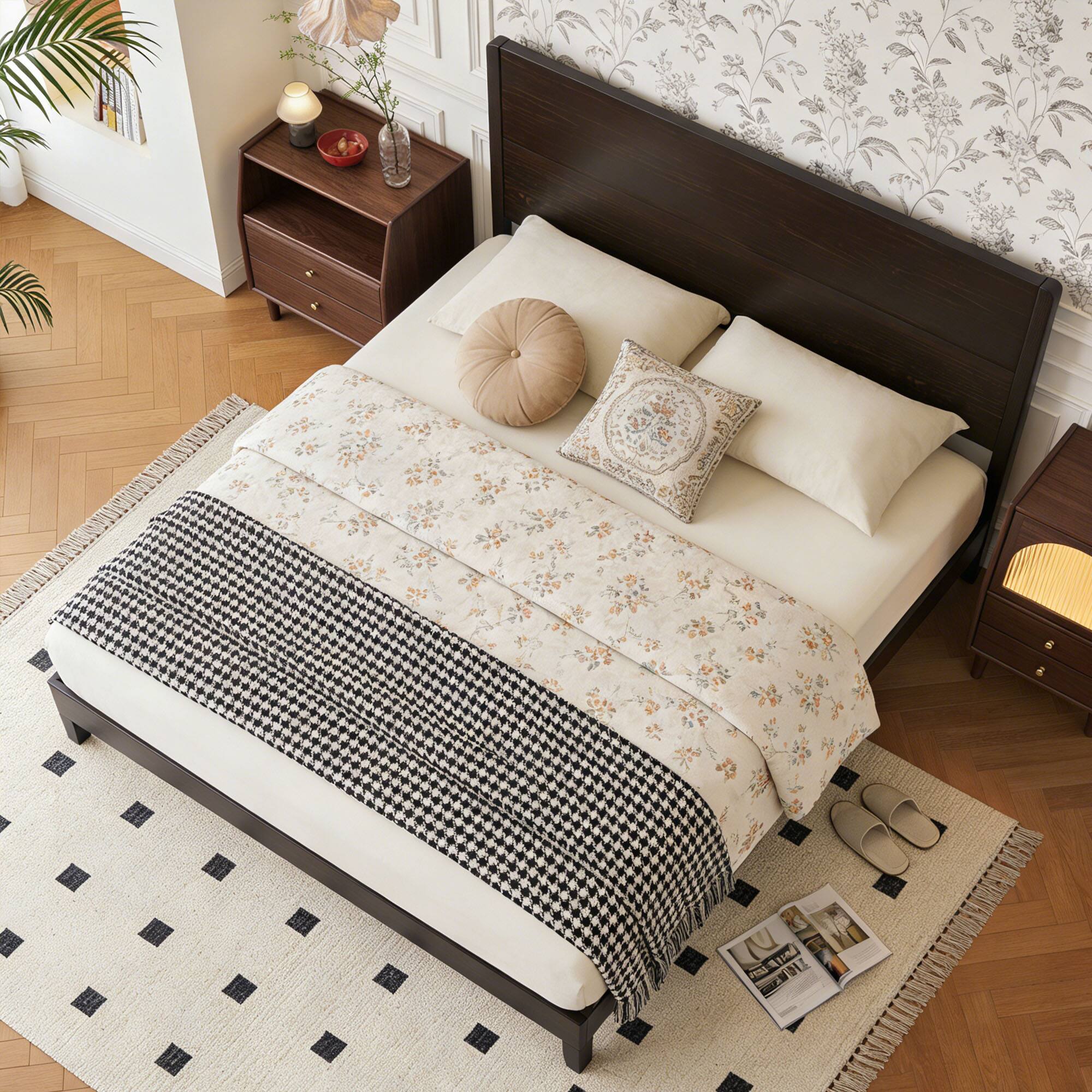 Vipbear Q/K Wooden Bed Frame with Tall Headboard, Platform Bed Frame ...