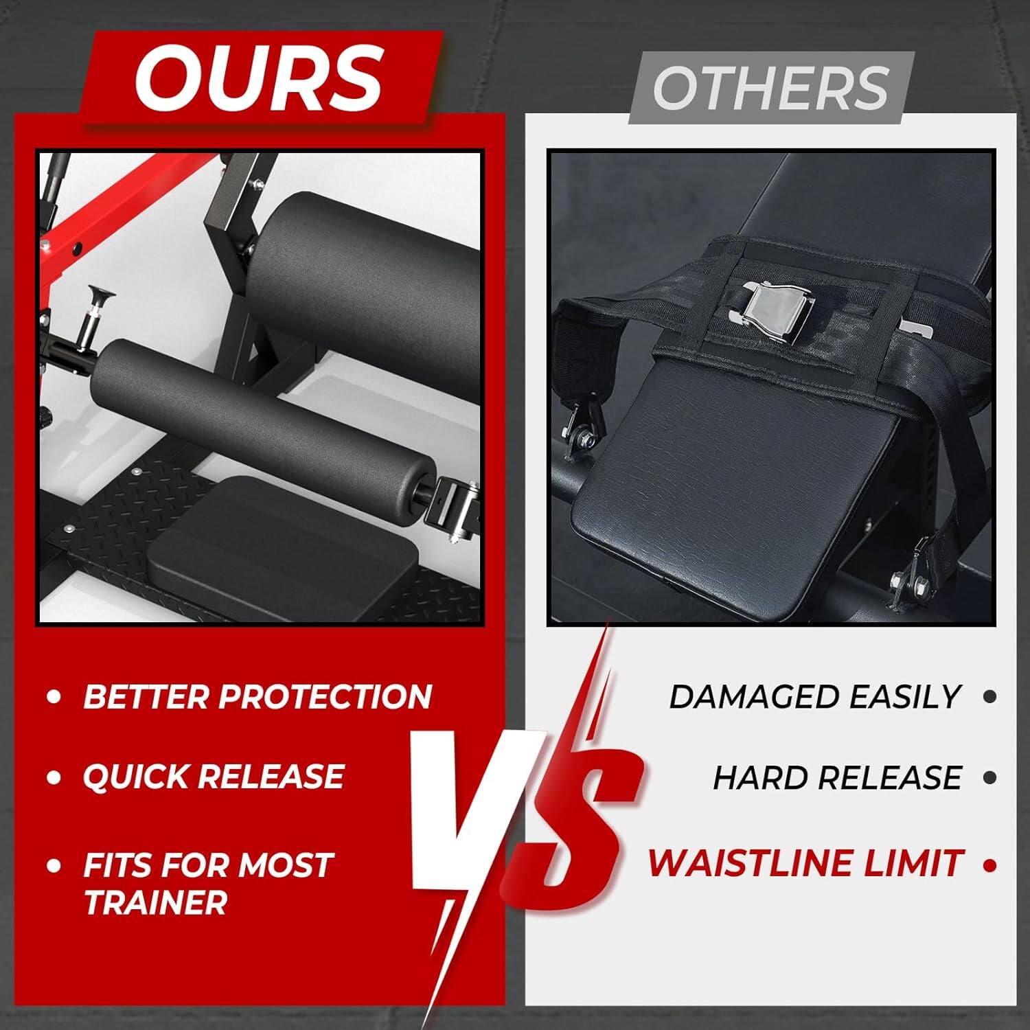 OURS: BETTER PROTECTION, QUICK RELEASE, FITS FOR MOST TRAINER

OTHERS: DAMAGED EASILY, HARD RELEASE, WAISTLINE LIMIT