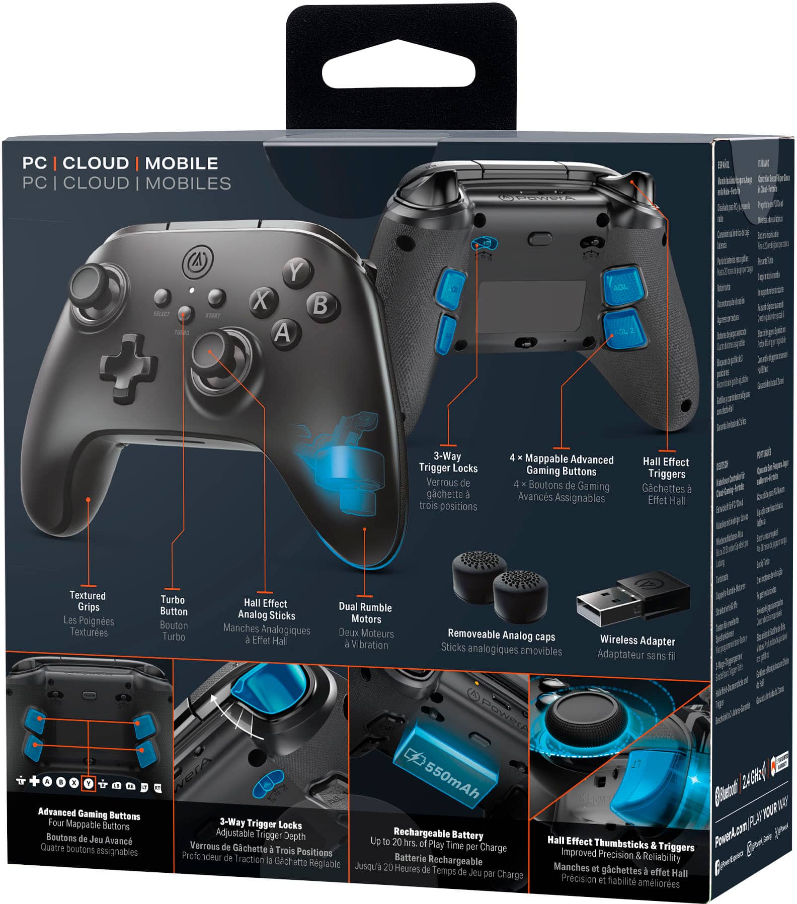 The image features a box containing a PC Cloud Mobile, which is a controller designed for gaming on a PC. The box includes a controller with a thumbstick, a rechargeable battery, and a wireless adapter. The controller also has a 3-way trigger lock, a 4-way mapping system, and advanced gaming buttons. Additionally, the box contains a Hall Effect analog stick, a Hall Effect trigger, and a textured grip for improved gaming experience. The controller is compatible with both Windows and Mac operating systems.